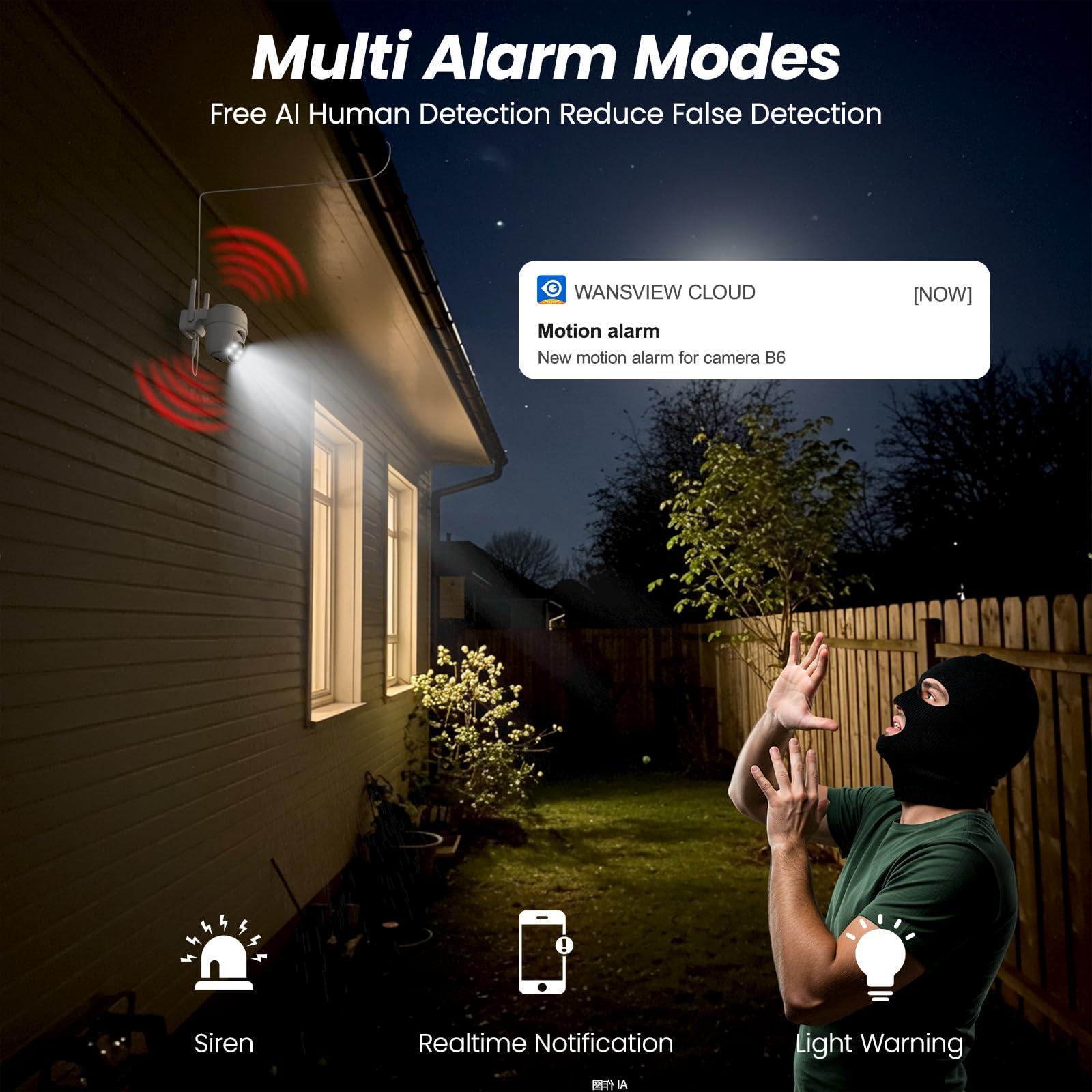 2K Cameras for Home Security-2.4G WiFi Outdoor Camera Wireless Solar/Battery Powered with solar panel, 360° Viewing, AI Human Detection, Color Night Vision, with SD Storage, Works with Alexa(2 Pack) - Image 6