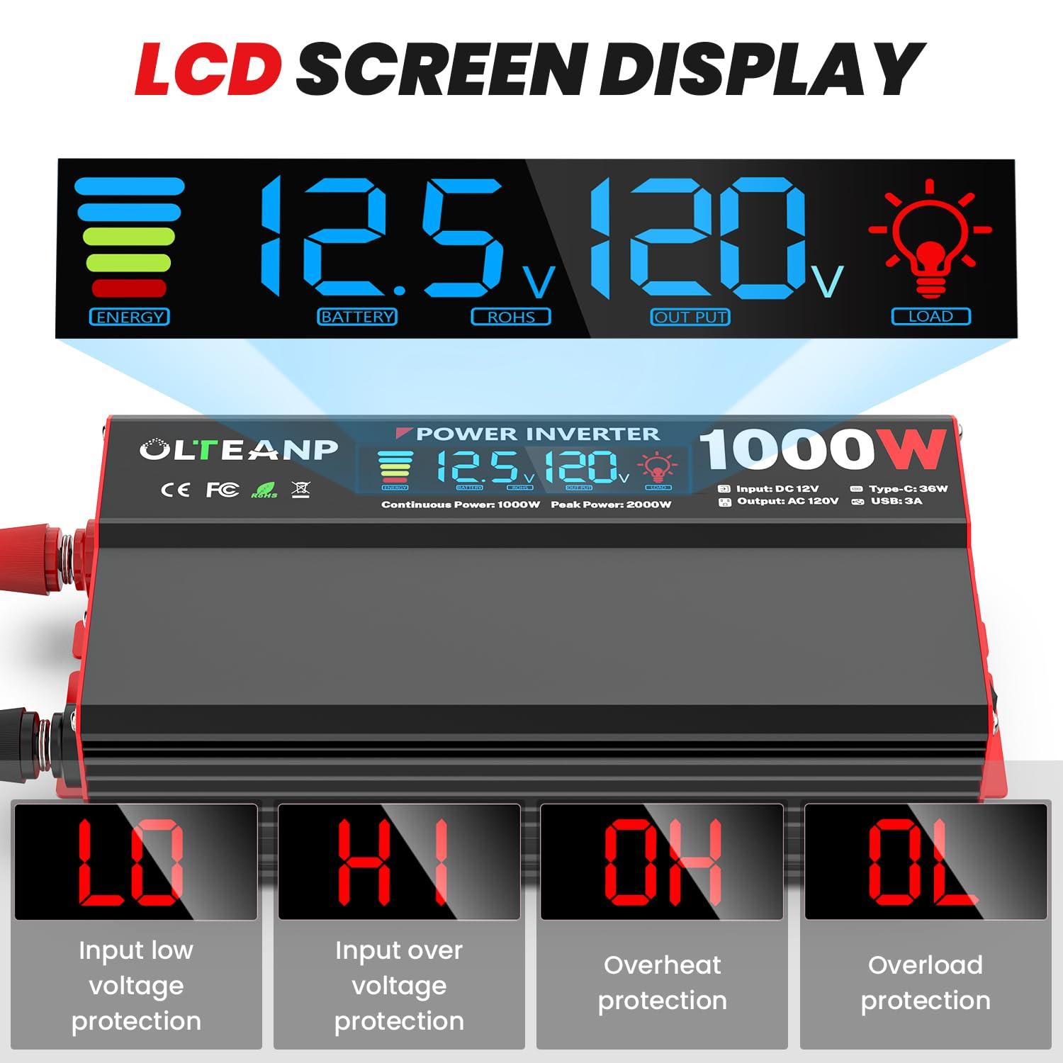 OLTEANP 1000 Watt Power Inverter 12V DC to 110V/120V AC Car Inverter with LCD Screen Display, 2 AC Outlets, 36W Type-C Port, 5V/3A USB Port, Car Power Converter for Truck, Home, Vehicles, Laptop, Trip - Image 3