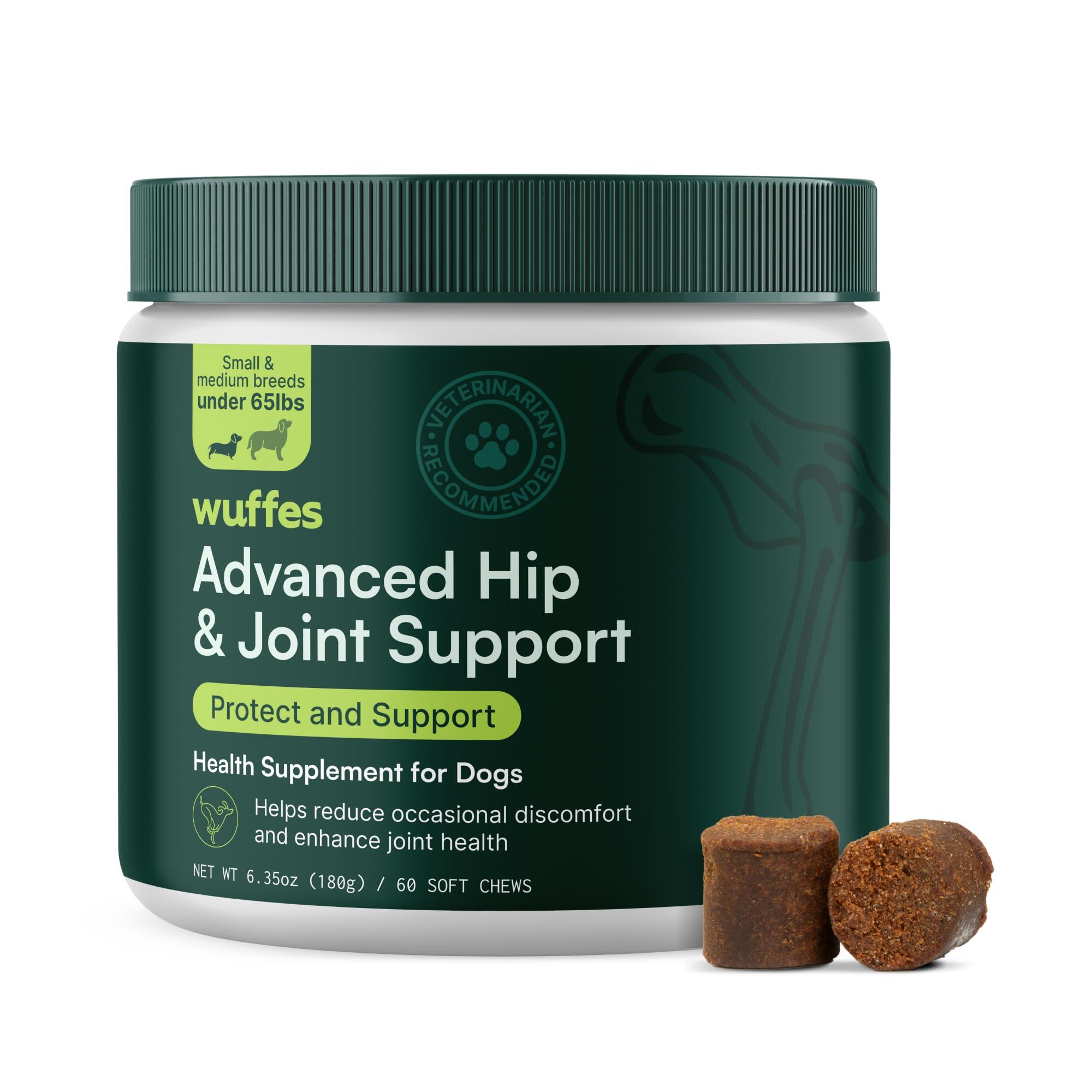 Wuffes Advanced Dog Hip and Joint Supplement with Glucosamine, Chondroitin, Omega 3, MSM, and Green Lipped Mussel, 60 Pork Flavored Chews for Small and Medium Dog Breeds