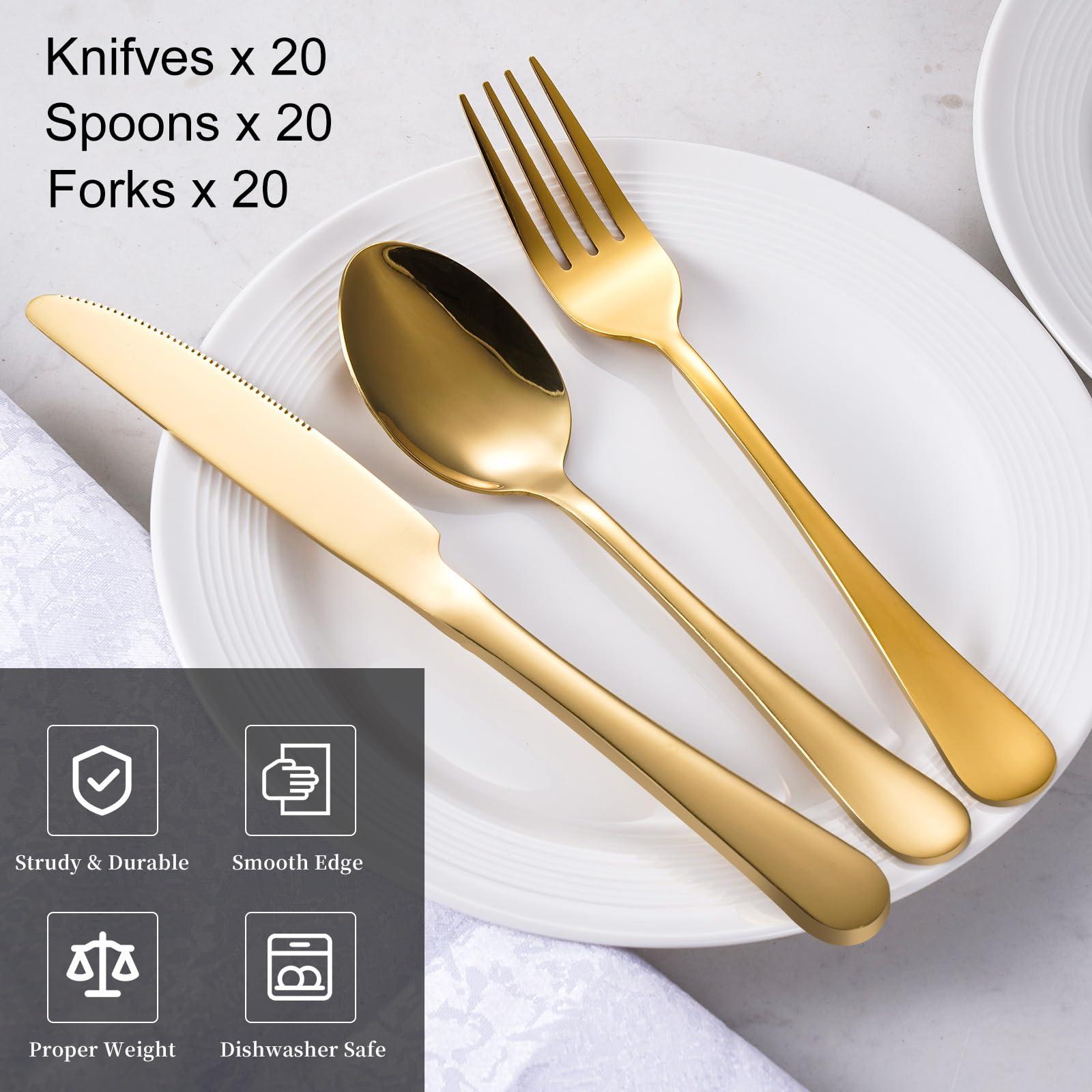 60-Pcs Gold Silverware Set - Stainless Steel Flatware Cutlery Set Service for 20, Mirror Polished Gold Flatware Set Include Forks Spoons Knives for Home, Wedding, Restaurant, Dishwasher Safe - Image 3