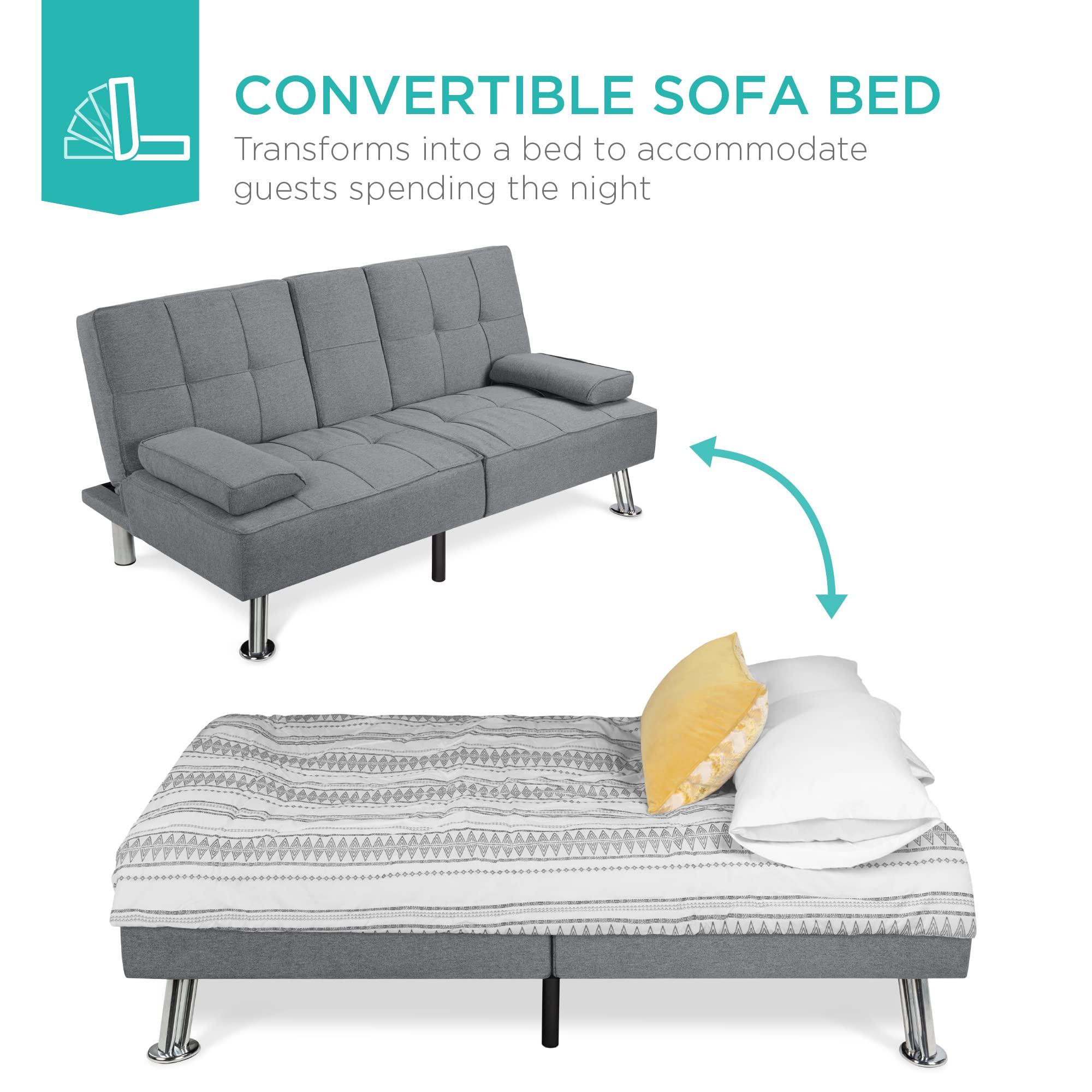 Best Choice Products Linen Modern Folding Futon, Reclining Sofa Bed for Apartment, Dorm w/Removable Armrests, 2 Cupholders - Gray - Image 6