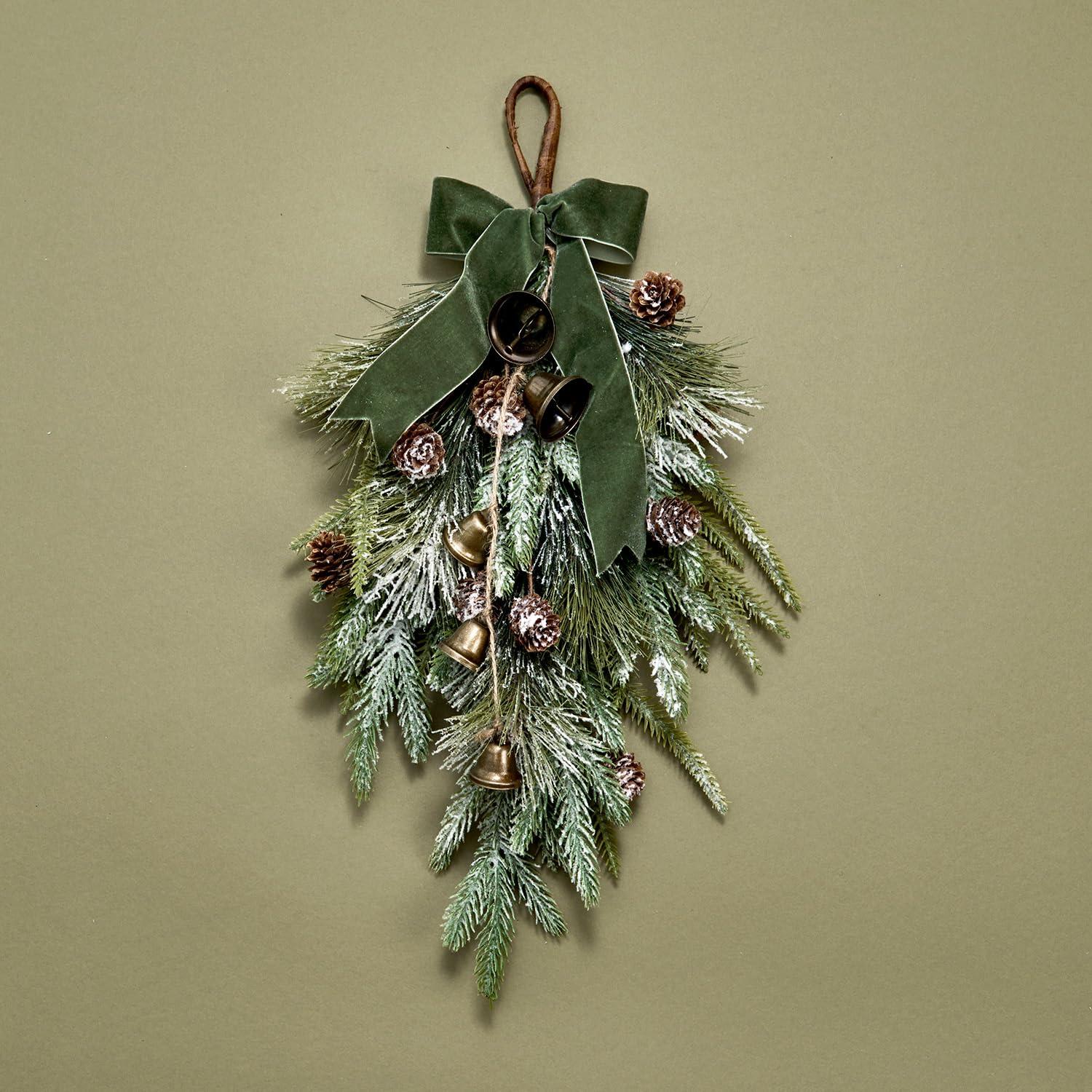 LampLust Winter Swag for Front Door, 18 Inch Greenery Swag with Bells, Pinecones & Ribbon, Teardrop Swags for Decorating, Floral Swags for Winter Wedding Decor, Wall & Window Decor, Front Door Swag