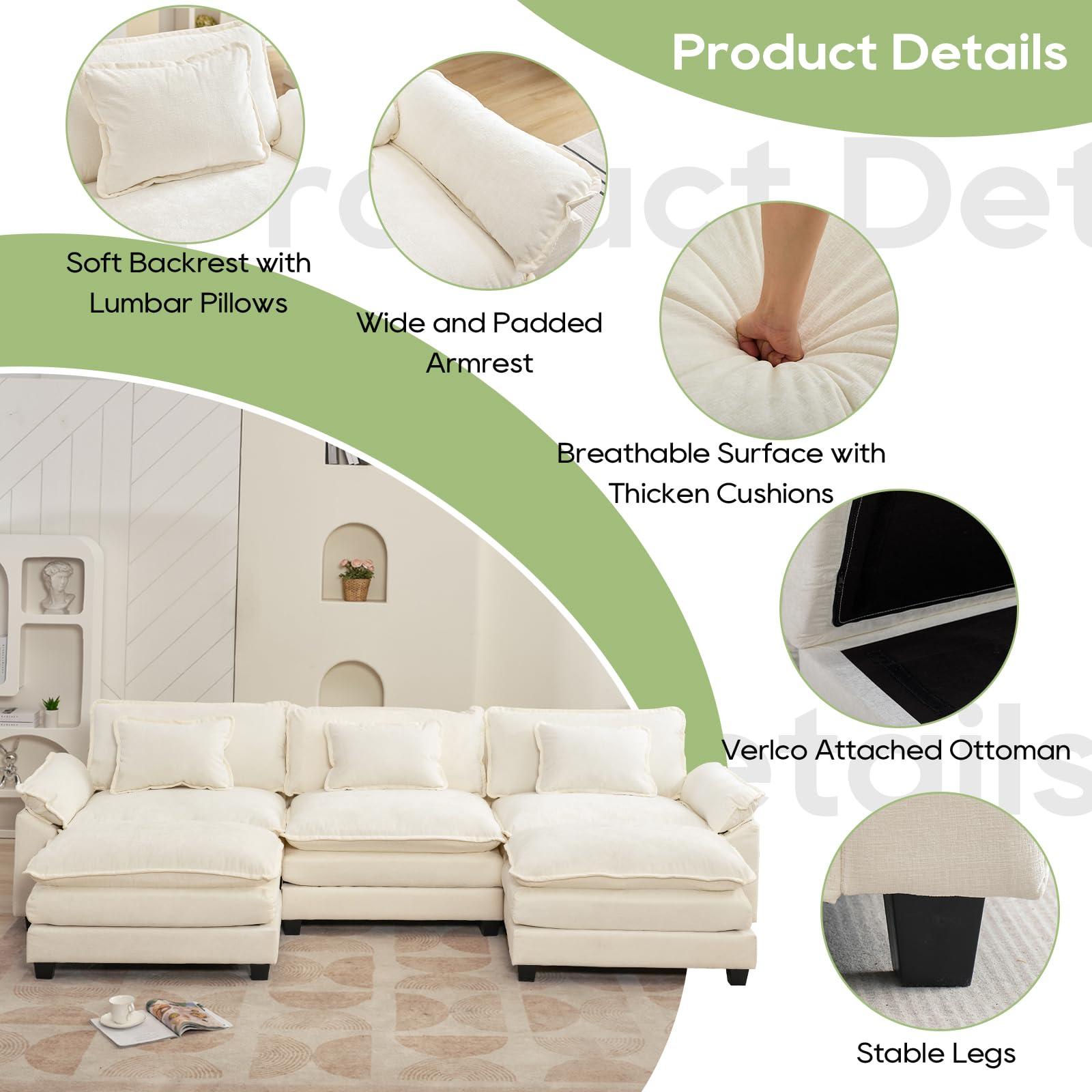 Oprisen 120" Modular Sectional Sofa, Comfy Cloud Couch Sectional Sofa with Ottoman, Chenille Sofa Sleeper Deep Seat Sofa with Throw Pillows for Living Room (Beige White, 120"- U Shape) - Image 6