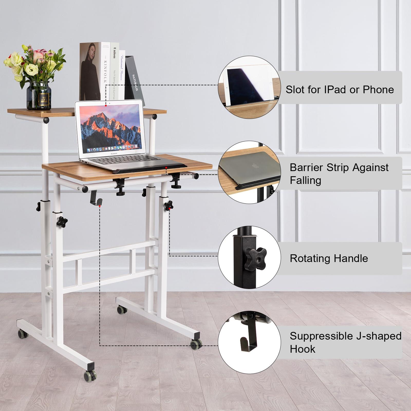 Hadulcet Mobile Standing Desk with Charging Station, Adjustable Computer Desk, Laptop Cart with Wheels for Home Office, Classroom - Vintage Oak - Image 3