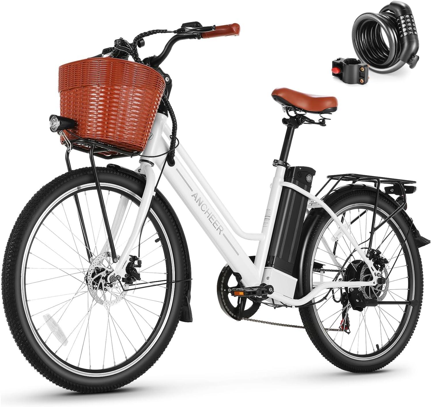 ANCHEER 26'' Electric Bike for Adults, Peak 750W Low Frame Electric City Bike with 48V/374Wh Battery, Up to 50Miles Step Through Commuter Ebike/Electric Bicycle with Basket, LCD Display