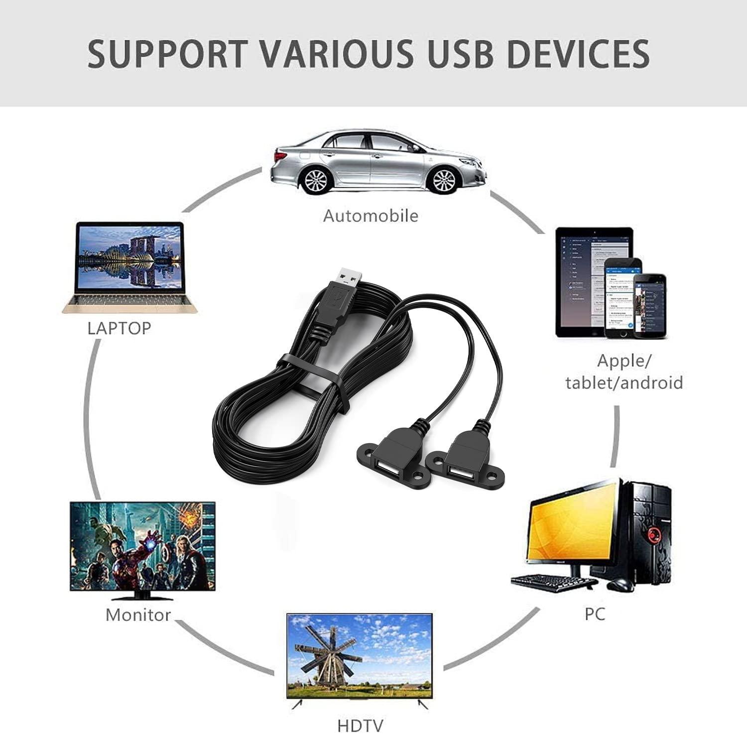JUXINICE USB Charging Extension Panel Mount Cable,USB 2.0 Charging Port 1 to 2 Panel Mount with Screw Hole, Used for Furniture/Mobile Phones/Portable Power and More(5FT/1.5m) with 4PCS Screw - Image 5