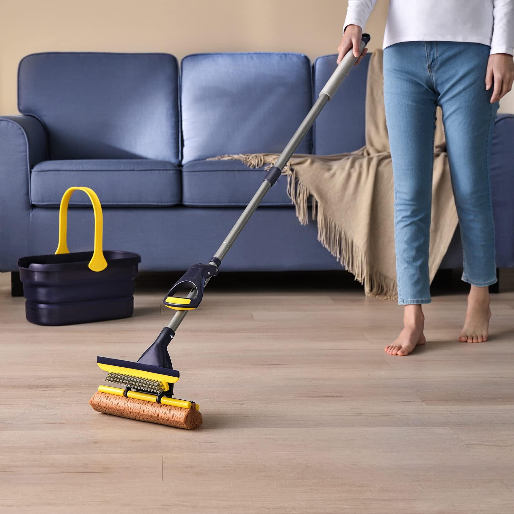 Yocada Sponge Mop Home Commercial Use Tile Floor Bathroom Garage Cleaning Total 3 Sponge Heads Squeegee and Extendable Telescopic Long Handle 42.5 to 52 Inches Easily Dry Wringing Only 3 Heads - Image 7