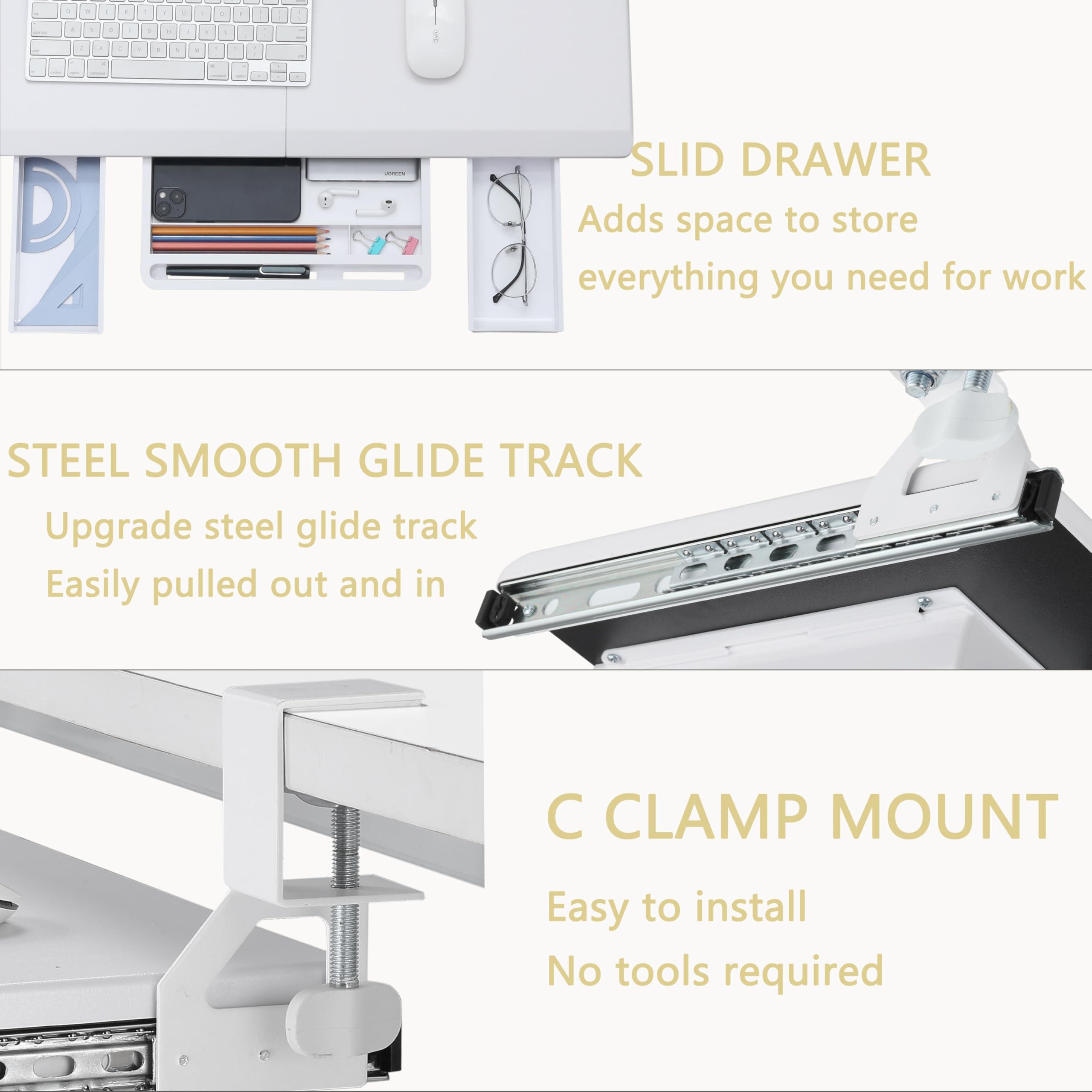 ETHU Keyboard Tray Under Desk, Ergonomic Corner Keyboard Tray with 180° Adjustable C Clamp for L Shape Desk 26.77" X 12.2" Easy to Install, Computer Keyboard Stand for Home and Office (White) - Image 4