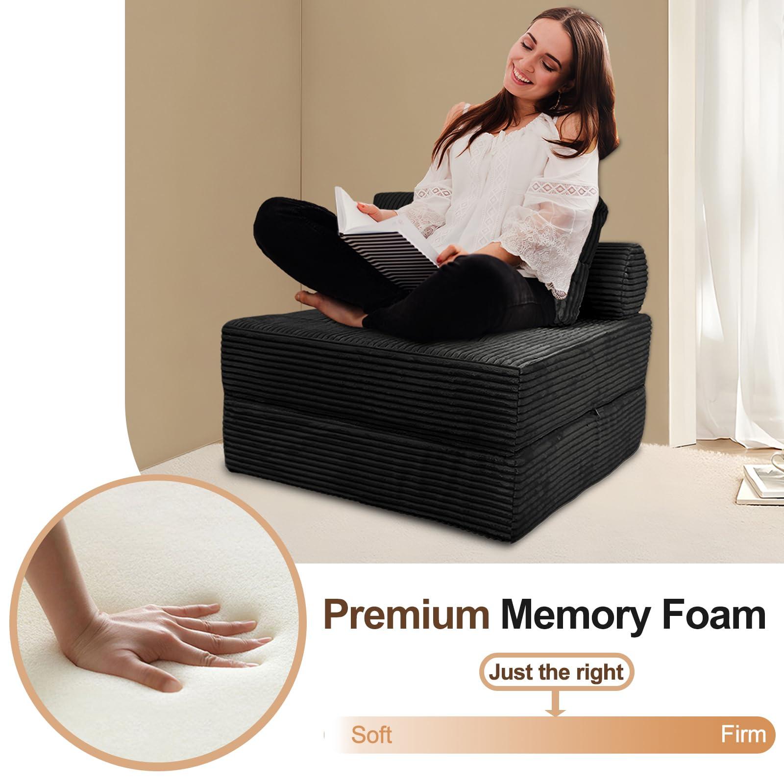Nigoone Sofa Bed Futon, Versatile Foldable Sleeper Chair with Pillow, Supportive Memory Foam, Plush Corduroy Fabric, Cozy Floor Couch, Convertible Mattress for Bedroom/Living Room/Guest/Office, Black - Image 4