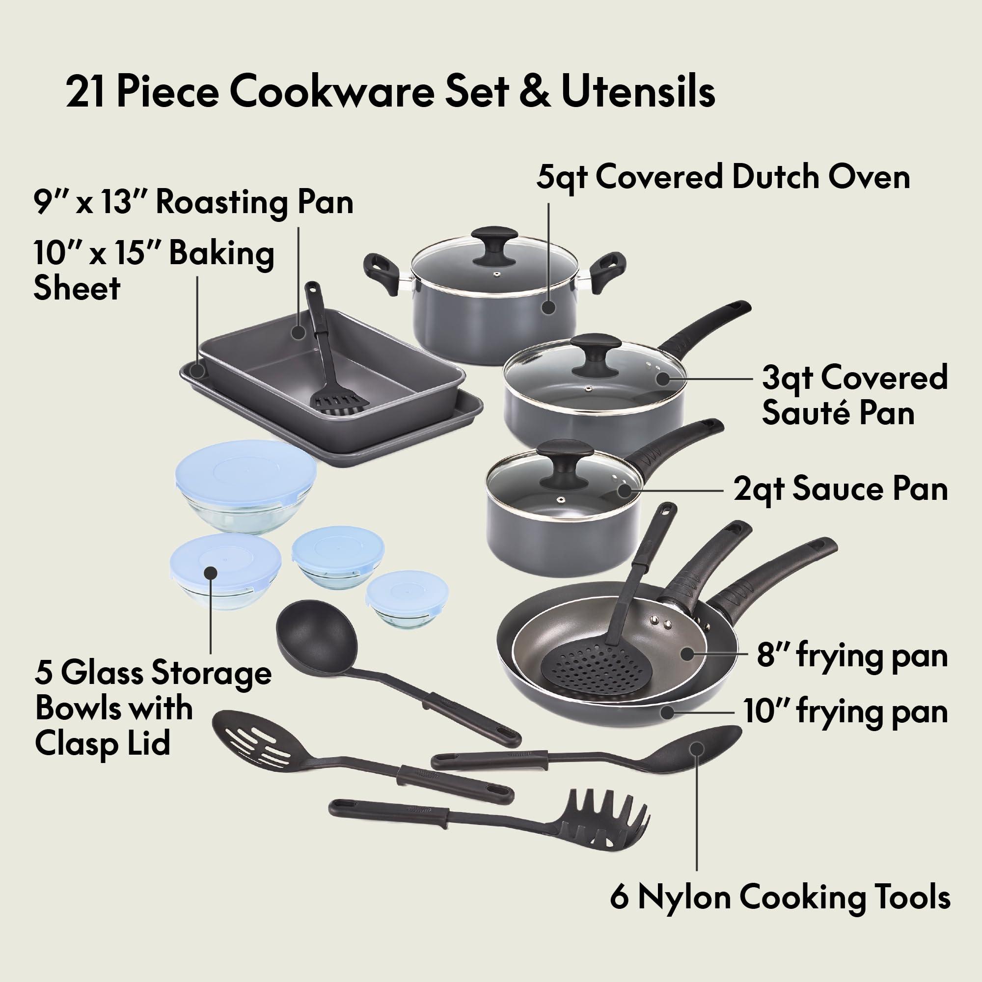 BELLA Nonstick Cookware Set with Glass Lids - Aluminum Bakeware, Pots and Pans, Storage Bowls & Utensils, Compatible with All Stovetops, 21 Piece, Black - Image 4
