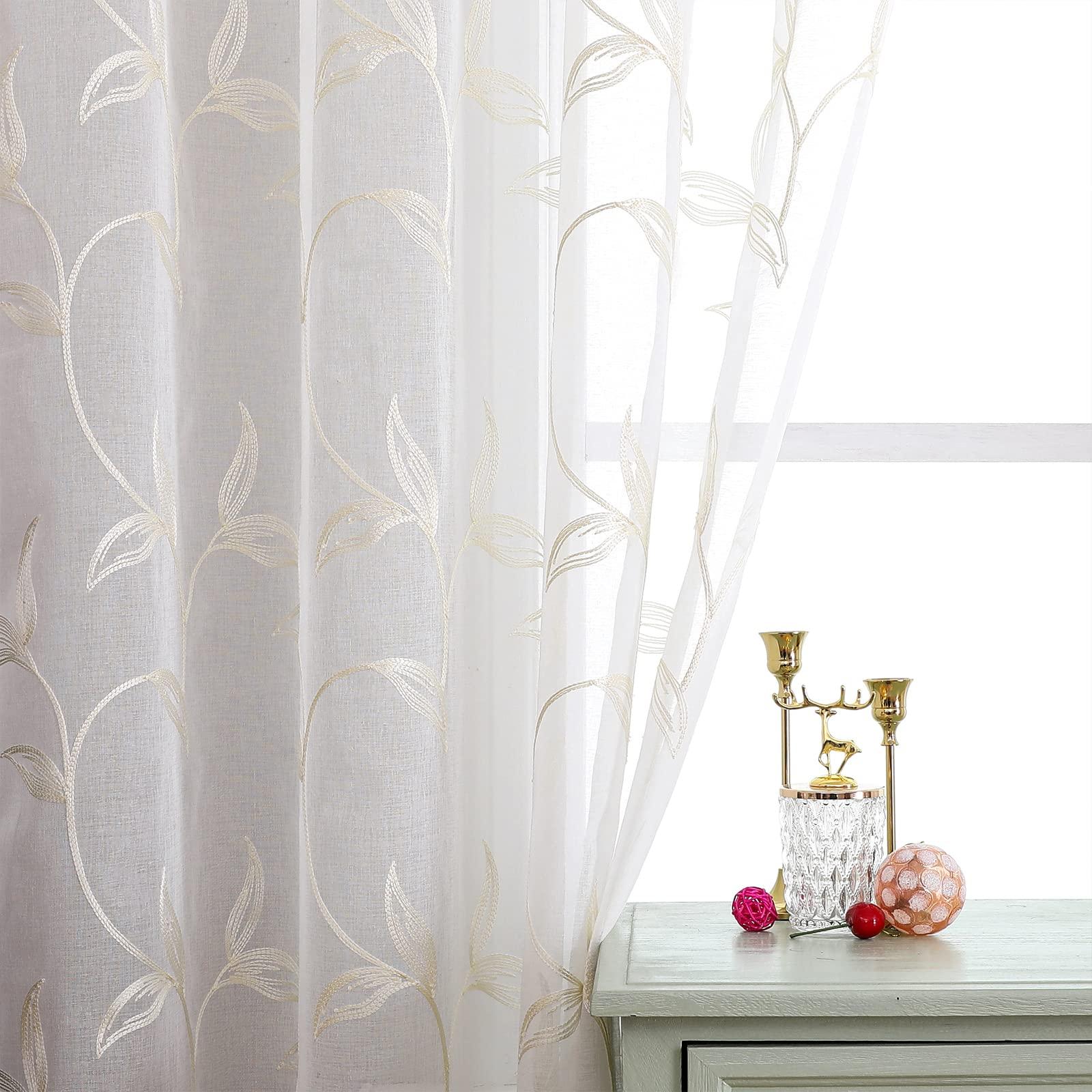 VISIONTEX Sheer Curtains 84 inch Length 2 Panels Set, White Voile Crushed Cream Vine Leaves Embroidery, Rod Pocket Embroidered Window Drapes for Living Room and Bedroom, 54" x 84" - Image 7