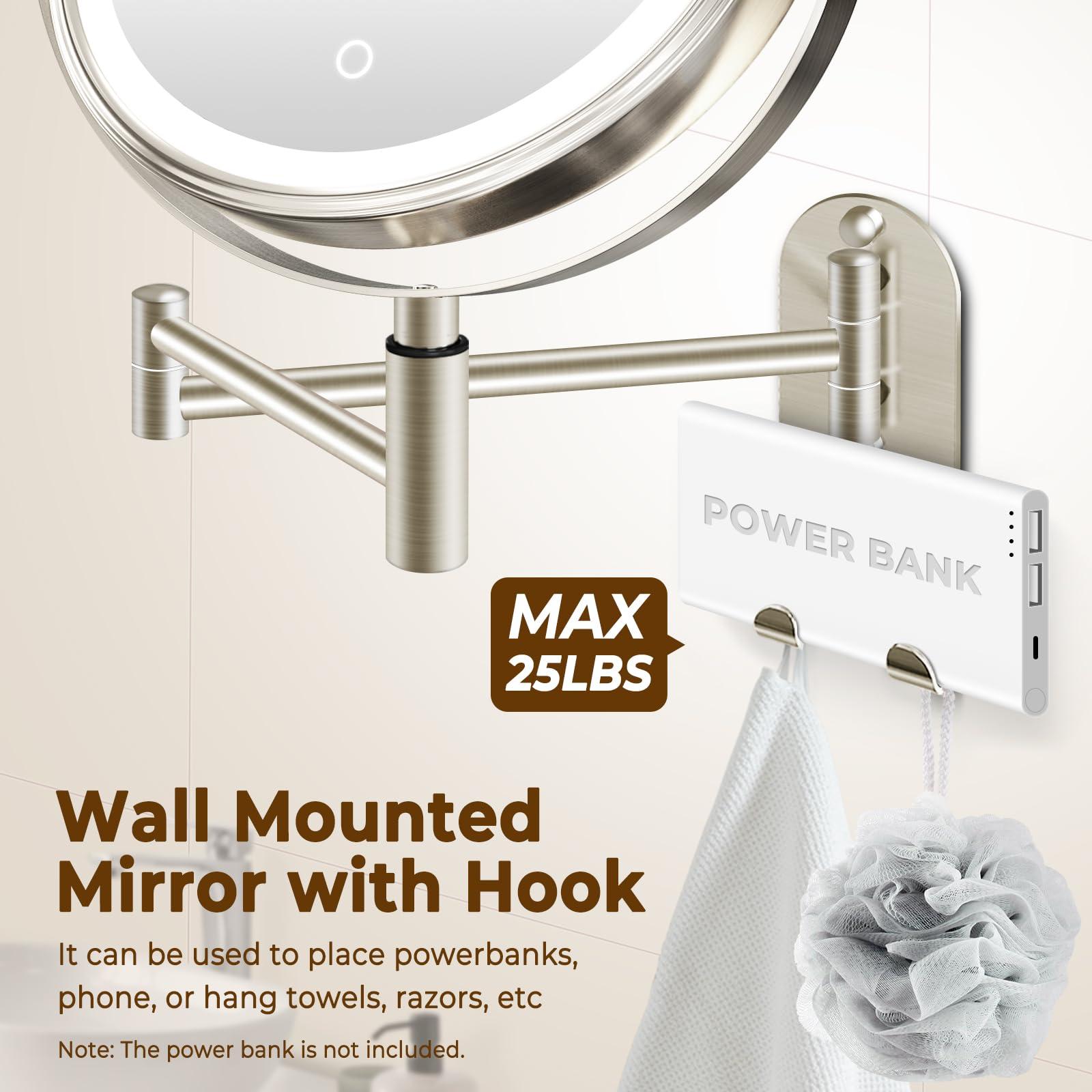 CONLWIN 8" Wall Mounted Lighted Makeup Mirror, 3000mAh Rechargeable Double Sided 1X/10X Magnifying Mirror with Hook, 3 Color Lights Touch Dimmable 360° Rotation Vanity Mirror for Bathroom - Image 4