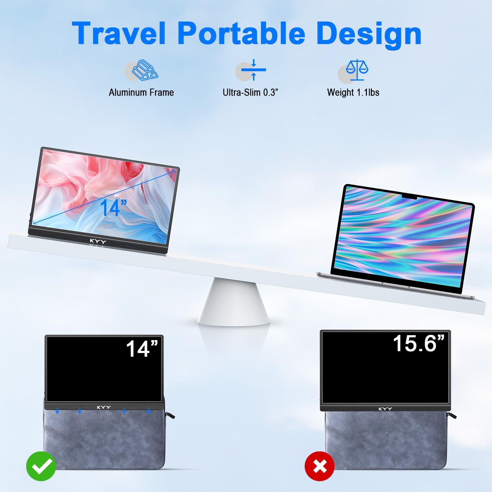 KYY Portable Monitor for Laptop, 14" FHD 1080P Travel Monitor, USB-C & HDMI Computer Gaming Screen with VESA Mount & Smart Cover, Dual Speakers, for Mac PC Phone Xbox PS5 Switch - Image 3