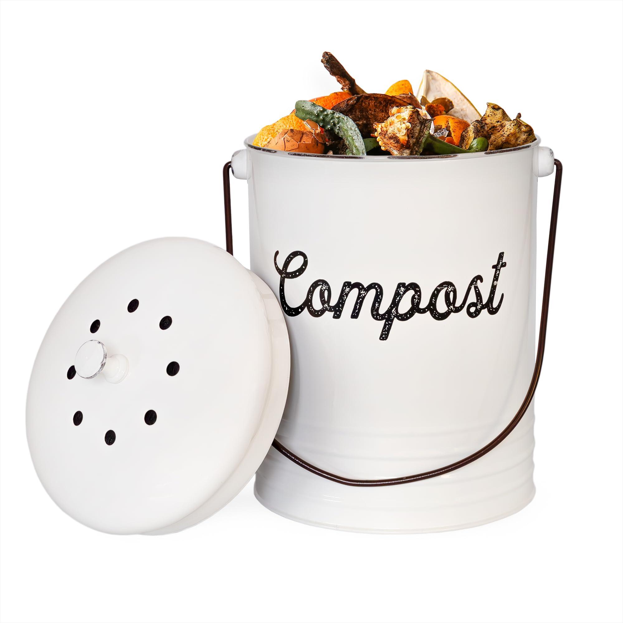 AuldHome Design Kitchen Compost Bin for Countertop | 1.3 Gallon Composting Bucket with Lid | Includes 3 Charcoal Filters | (White Enamel)