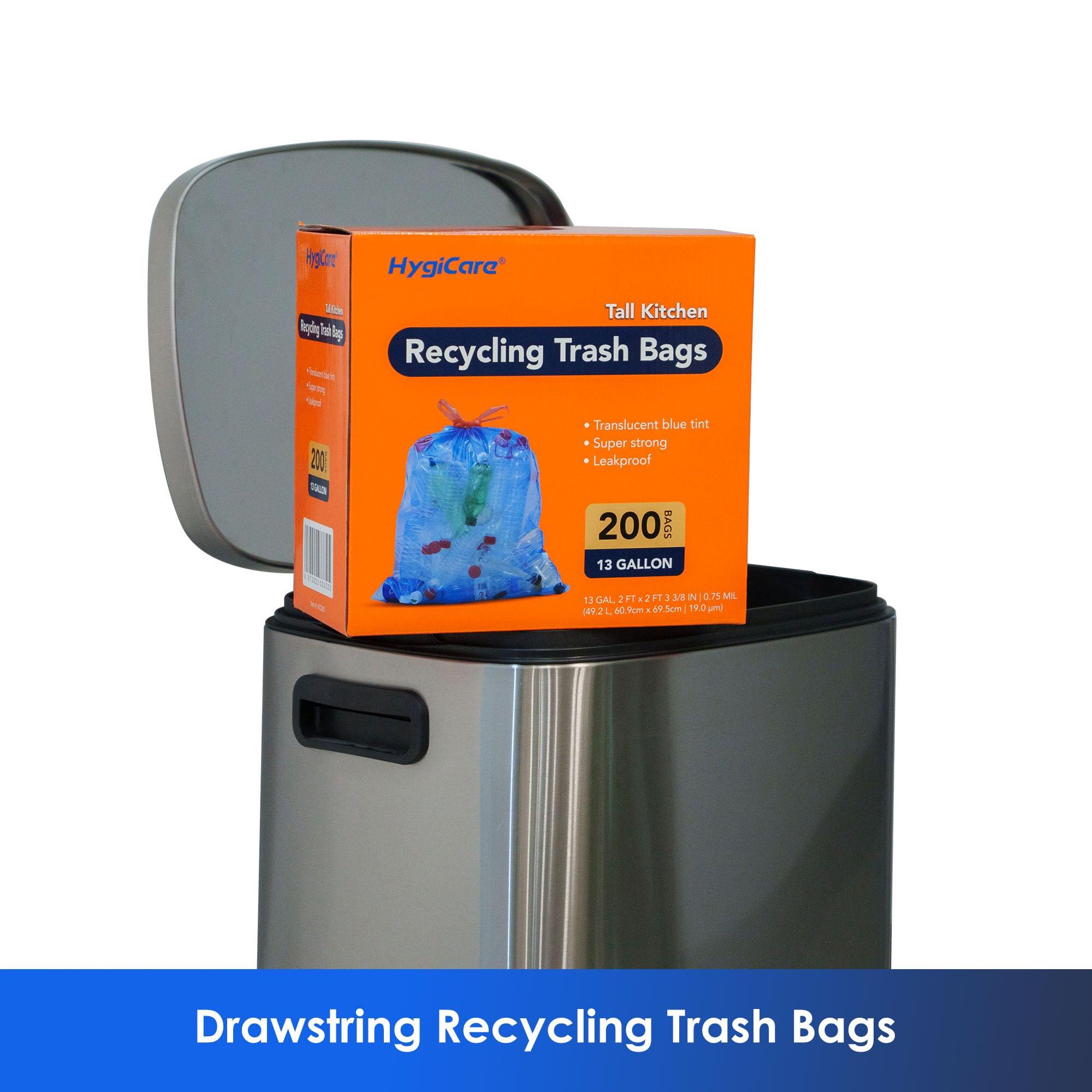 HygiCare 13 Gallon Recycling Trash Bags, Unscented 200 Count Drawstring Tall Kitchen Garbage Bags, Pre-Separated, Ultra Strong, Leakproof, Sturdy, Translucent Blue - Image 2