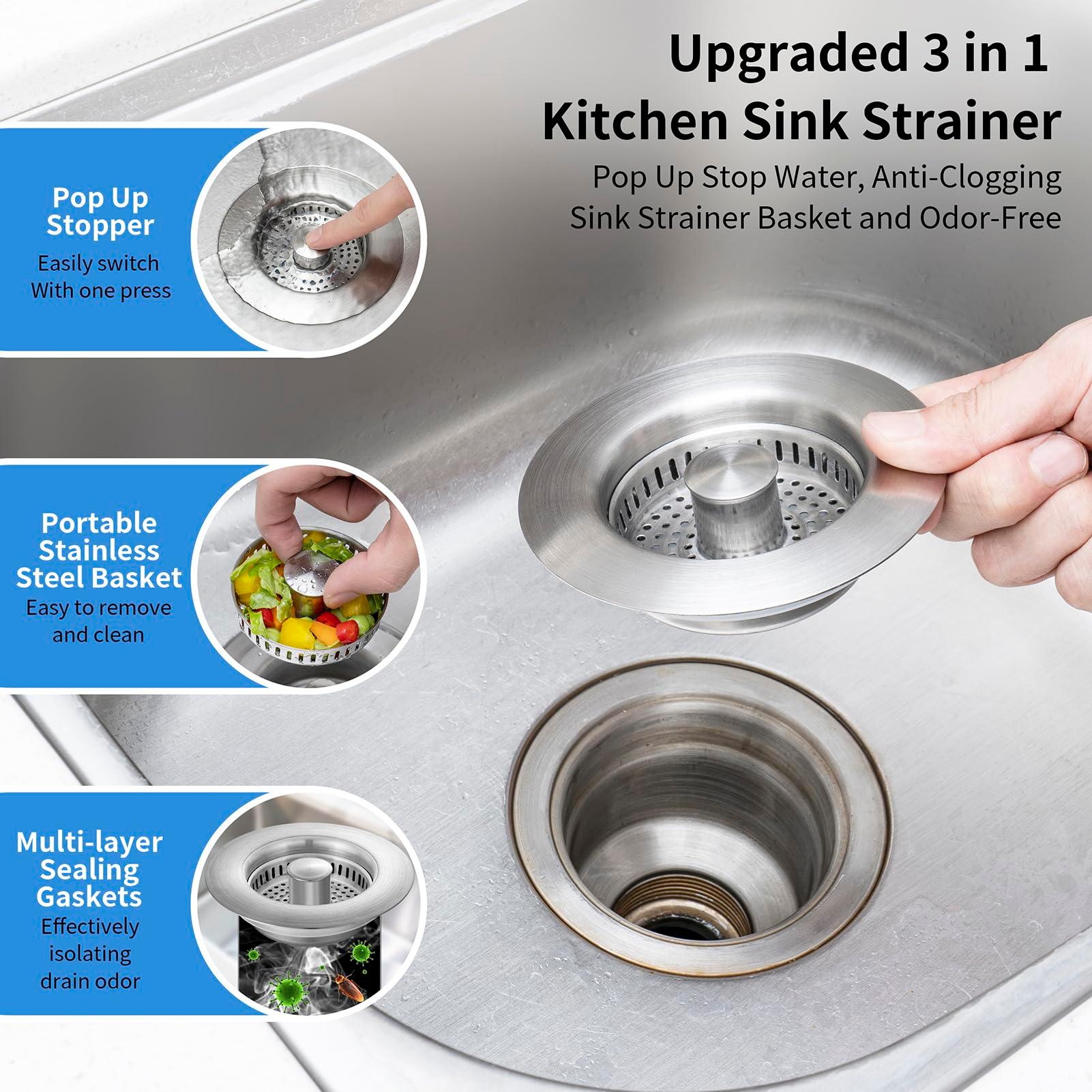 Upgraded 3 in 1 Kitchen Sink Drain Strainer - Stainless Steel Sink Stopper, Anti-Clogging Sink Food Catcher Basket, Fast Drainage Odor Filter Sink Plug for US Standard 3 1/2 inch Drain (Silver-1Pack) - Image 3