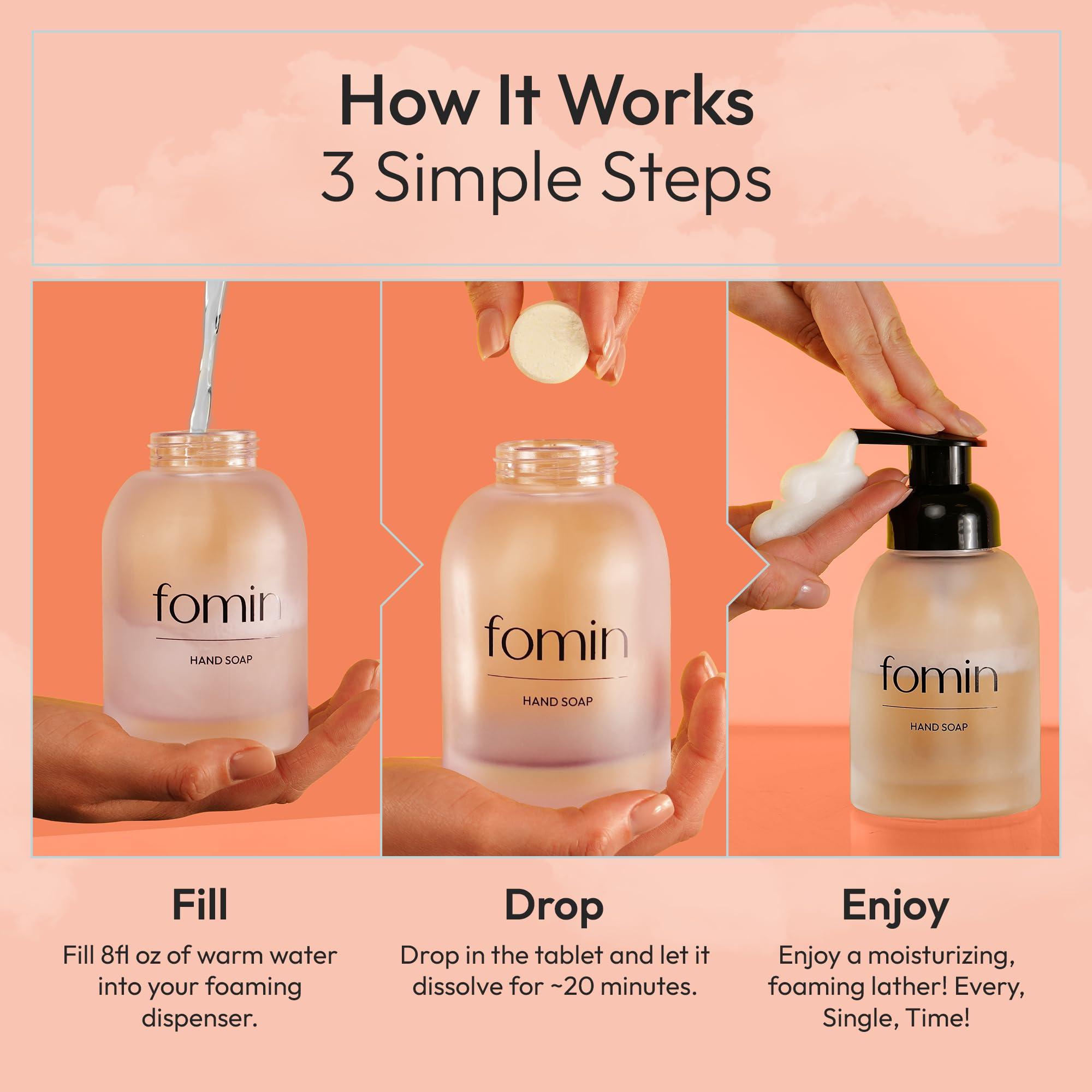 FOMIN Hand Soap Starter Kit - 6 Variety Pack of Foaming Hand Soap Refills + 1 Glass Dispenser - Eco-Friendly Foaming Hand Soap Tablets for All Skin Types - Makes 48 fl oz Soap - Image 3