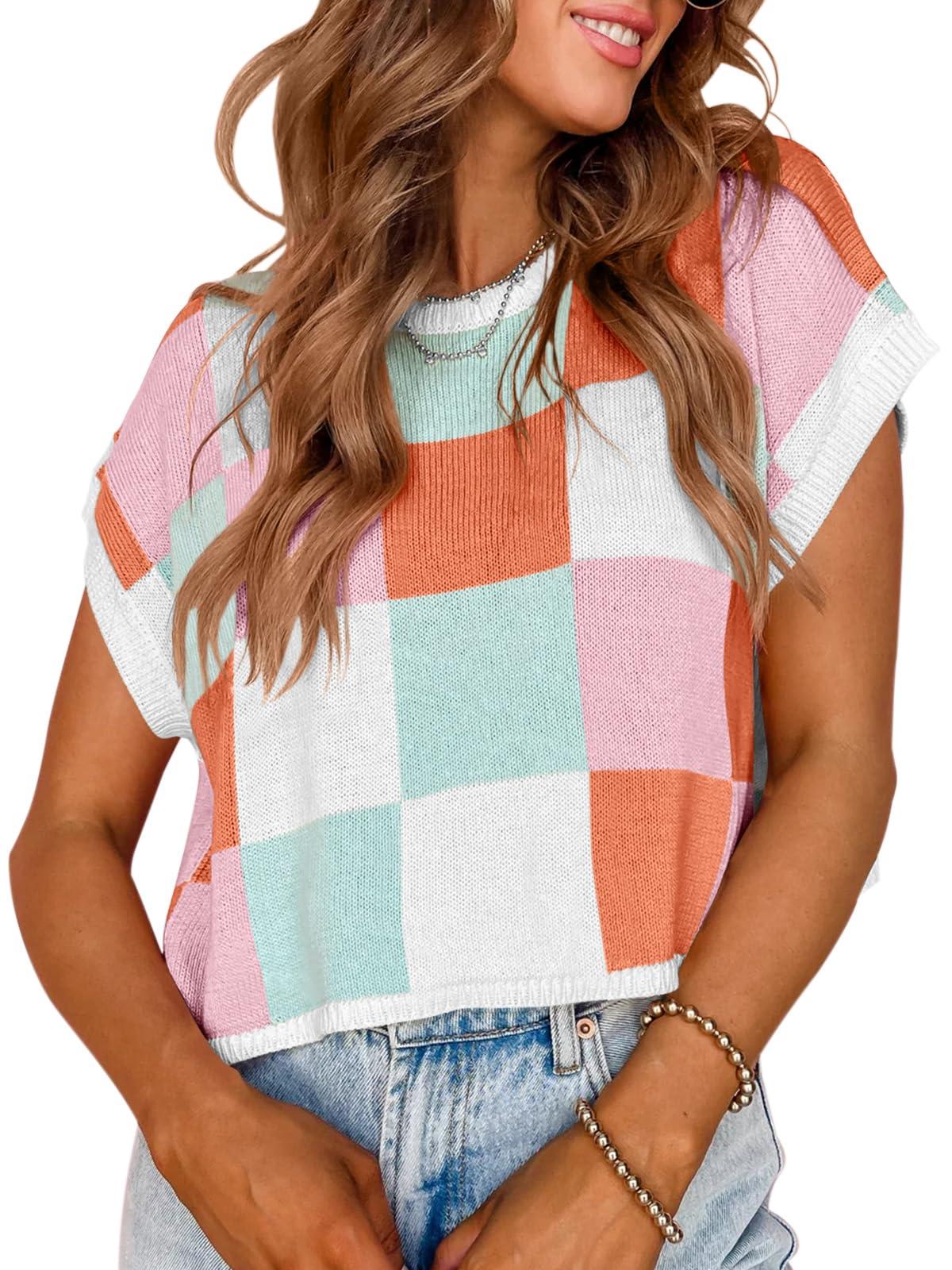 Saodimallsu Womens Cap Sleeve Crop Tops Summer Color Block Going Out Crew Neck Knit Trendy Casual Sweater
