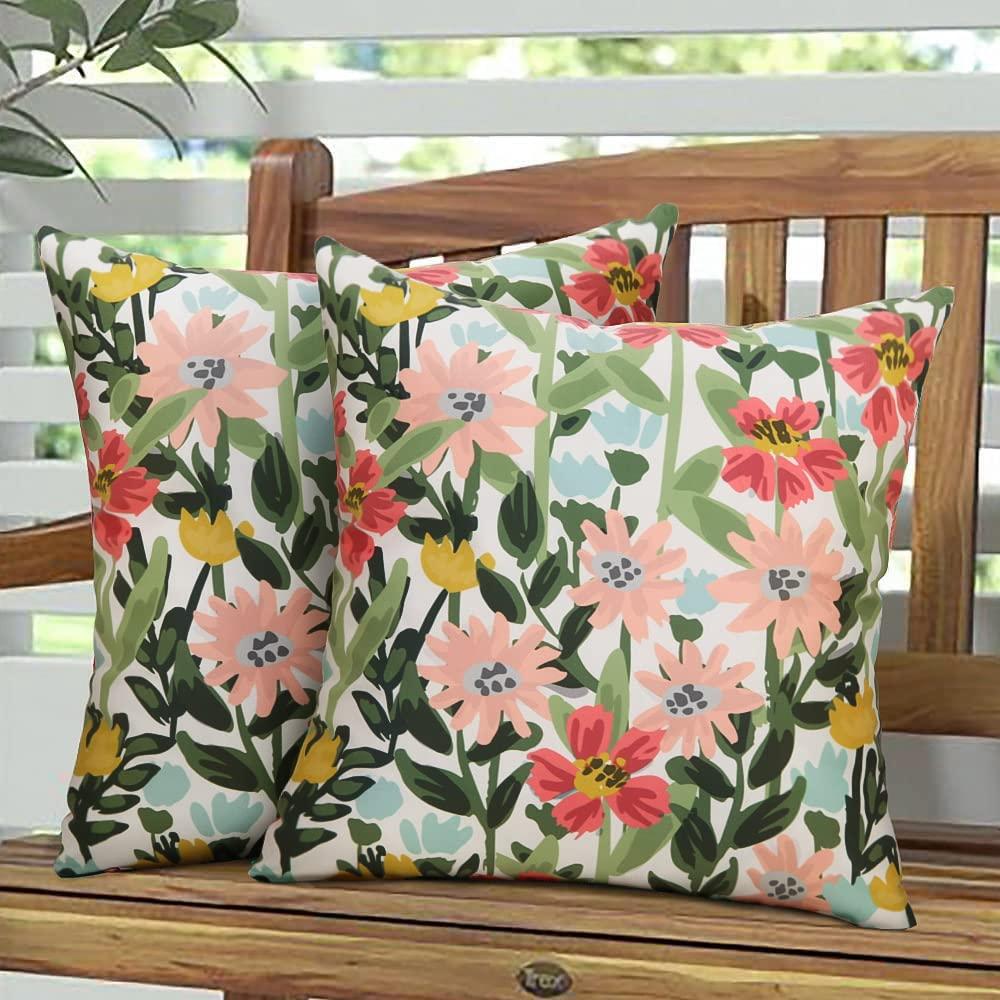 Pyonic Outdoor Pillows Waterproof Cover Pack of 2 Floral Waterproof Throw Pillows 18x18 inch for Patio Furniture Garden