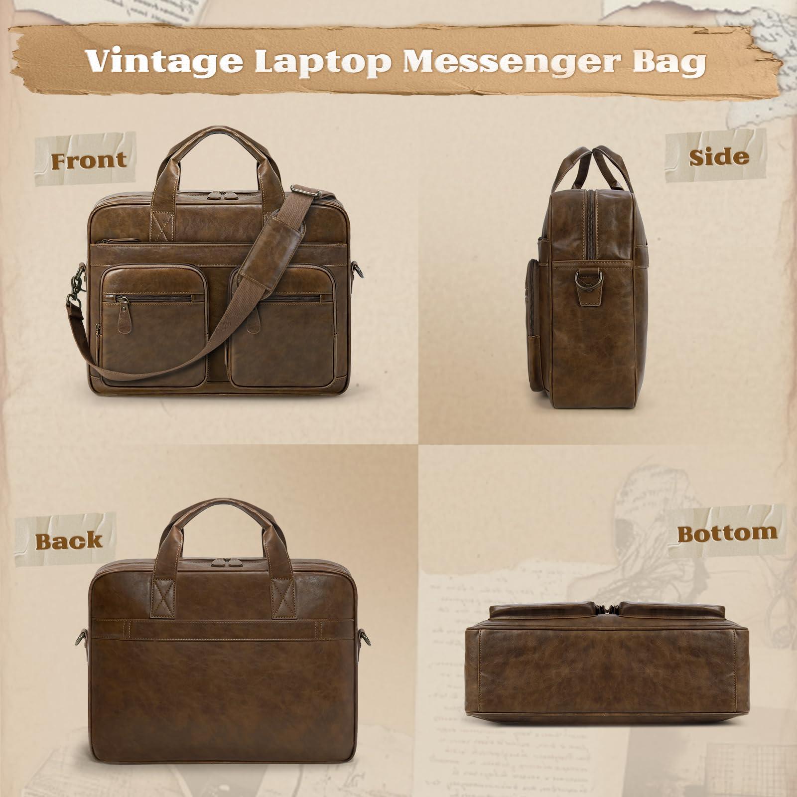 RAINSMORE Vintage Messenger Bag for Men PU Vegan Leather Computer Laptop Bag 15.6 Inch Waterproof Briefcases for Men Retro Mens Briefcase Satchel Bag for Work Office Business Travel Brown - Image 7