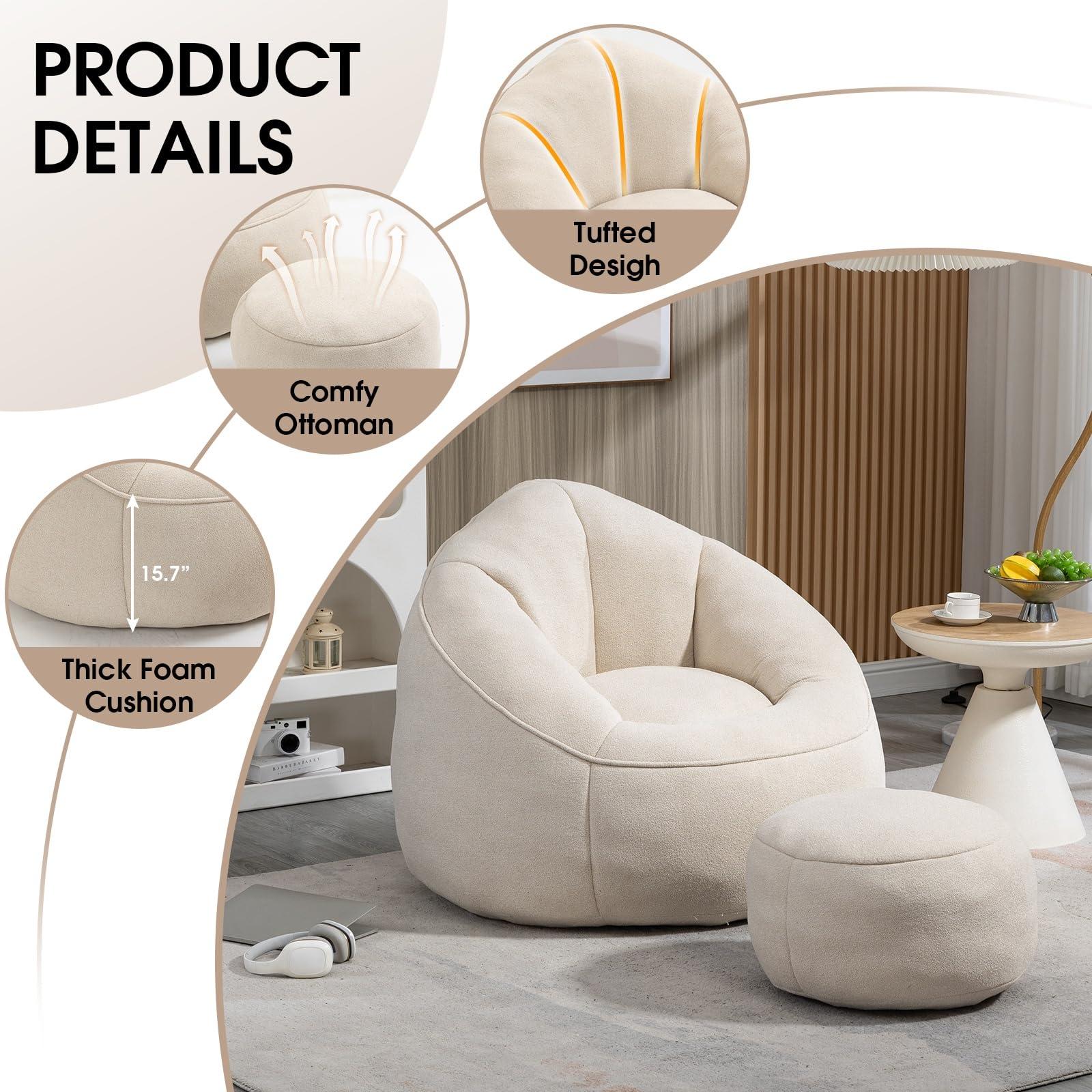 Sudwesto Bean Bag Chair for Adult, Microfiber Upholstered Bean Bag Sofa with Petal Back, Shell-Shaped Beanbag Chair with Footstool, Memory Foam Stuffed Lazy Sofa for Living Room, Bedroom (Beige) - Image 5