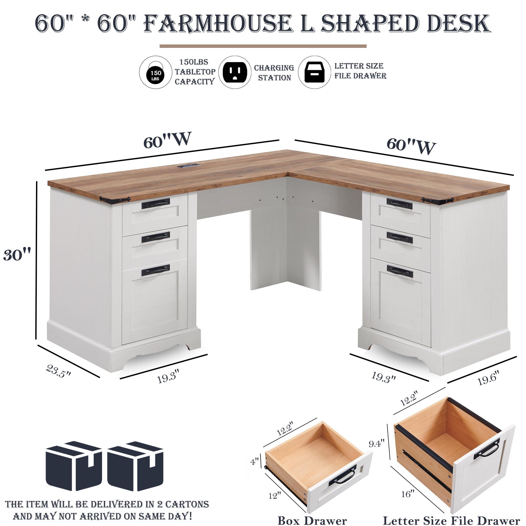 RedLemon 60" Farmhouse L Shaped Executive Desk with Drawers, Wood Home Office Corner Desk with Charging Station, File Drawer, Storage Cabinet, Rustic Computer Writing Desk (Antique White) - Image 2