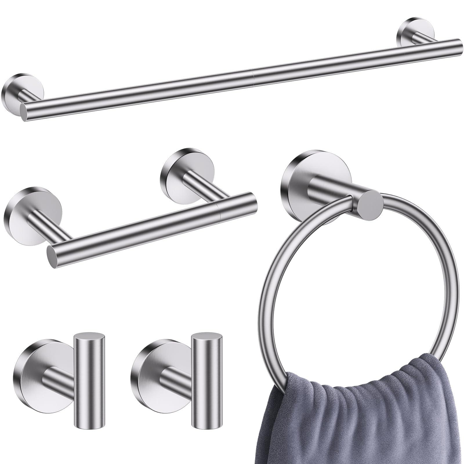 5 Pieces Brushed Nickel Round Towel Bar Set Bathroom Hardware Accessories Set Upgraded Toilet Paper Holder Towel Rail Set for Bathroom Stainless Steel Wall Mounted Bathroom Set,23.6 in