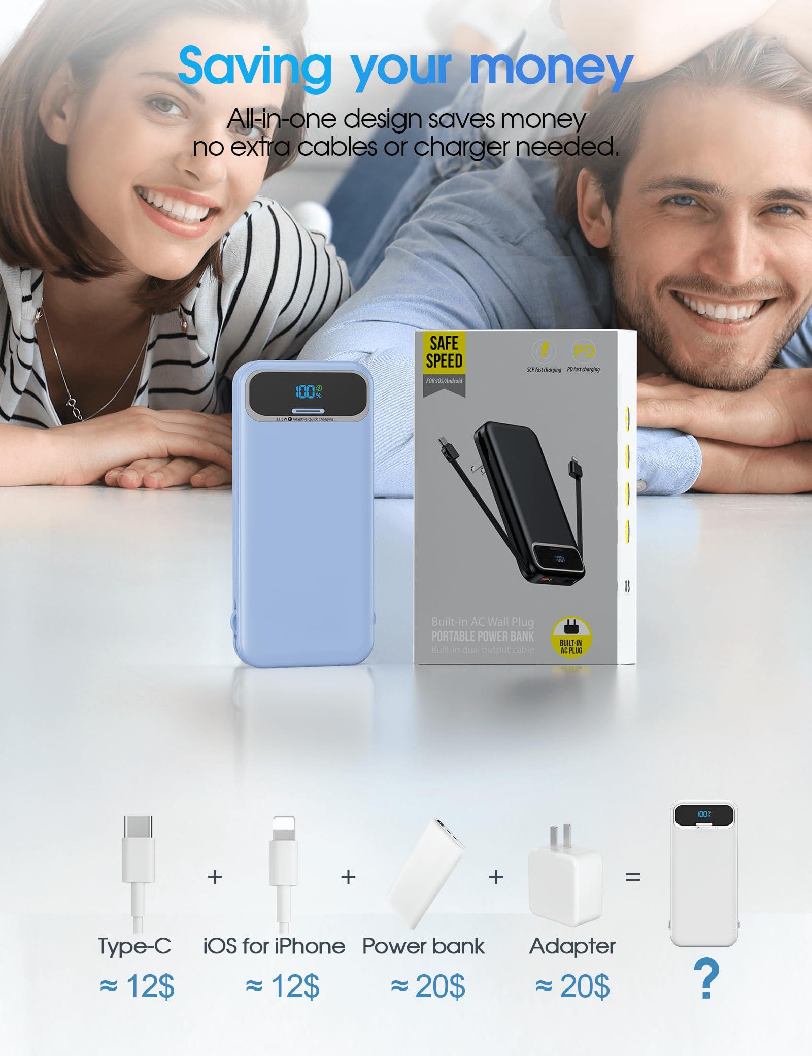 Portable-Charger Power-Bank with Built-in Cables & AC Wall Plug - 12000mAh PD 20W Fast Charging for iPhone,Samsung,Android, USB-C,Rechargeable External Battery Pack for Cell Phone,Type C,Travel Blue - Image 8