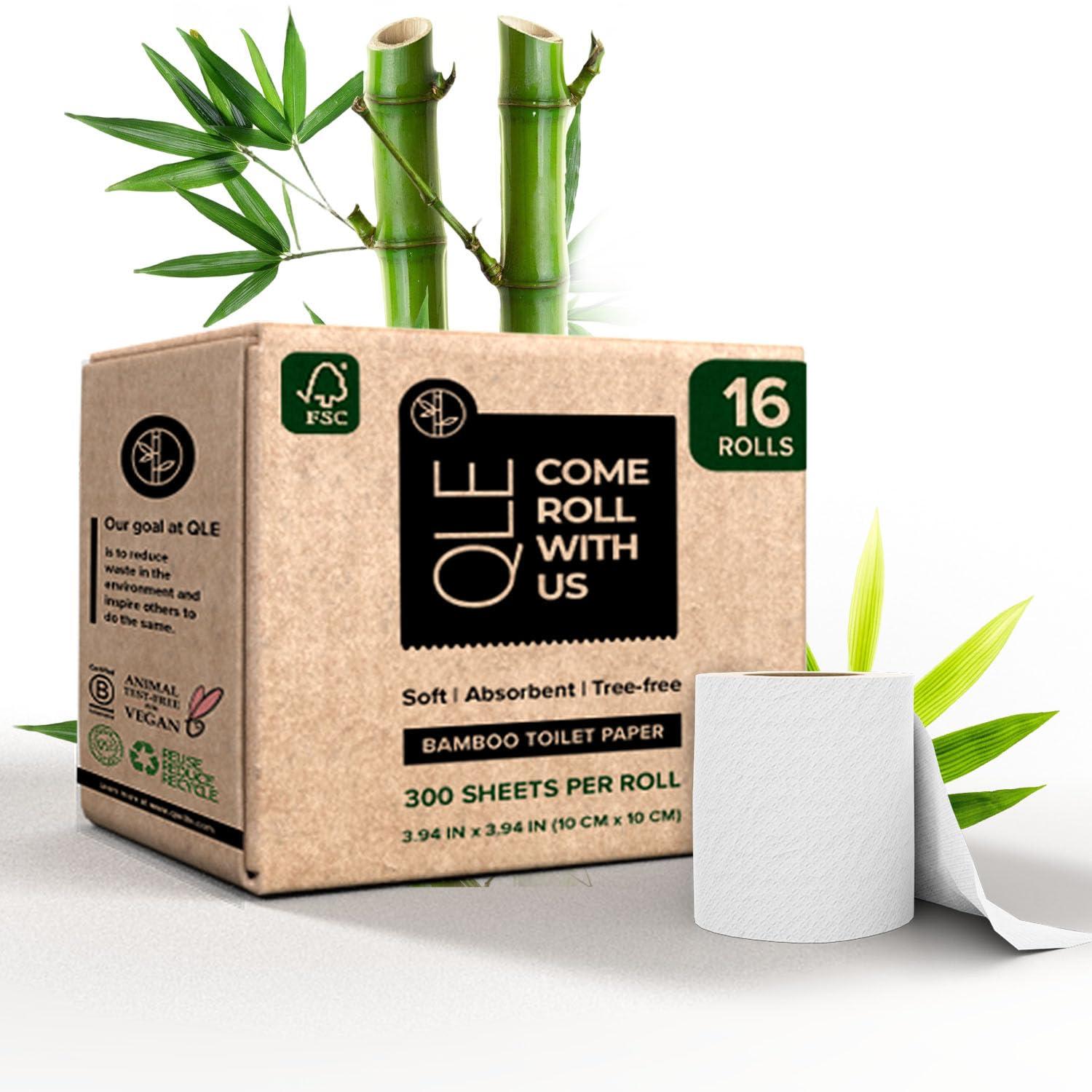 QLE Bamboo Toilet Paper 16 Pack 3 Ply 300 Sheets Bamboo RV Toilet Paper Rolls - Organic Chemical Free Toilet Paper, Hypoallergenic Toilet Paper Bamboo Soft, Compostable Septic Safe Plant Toilet Paper