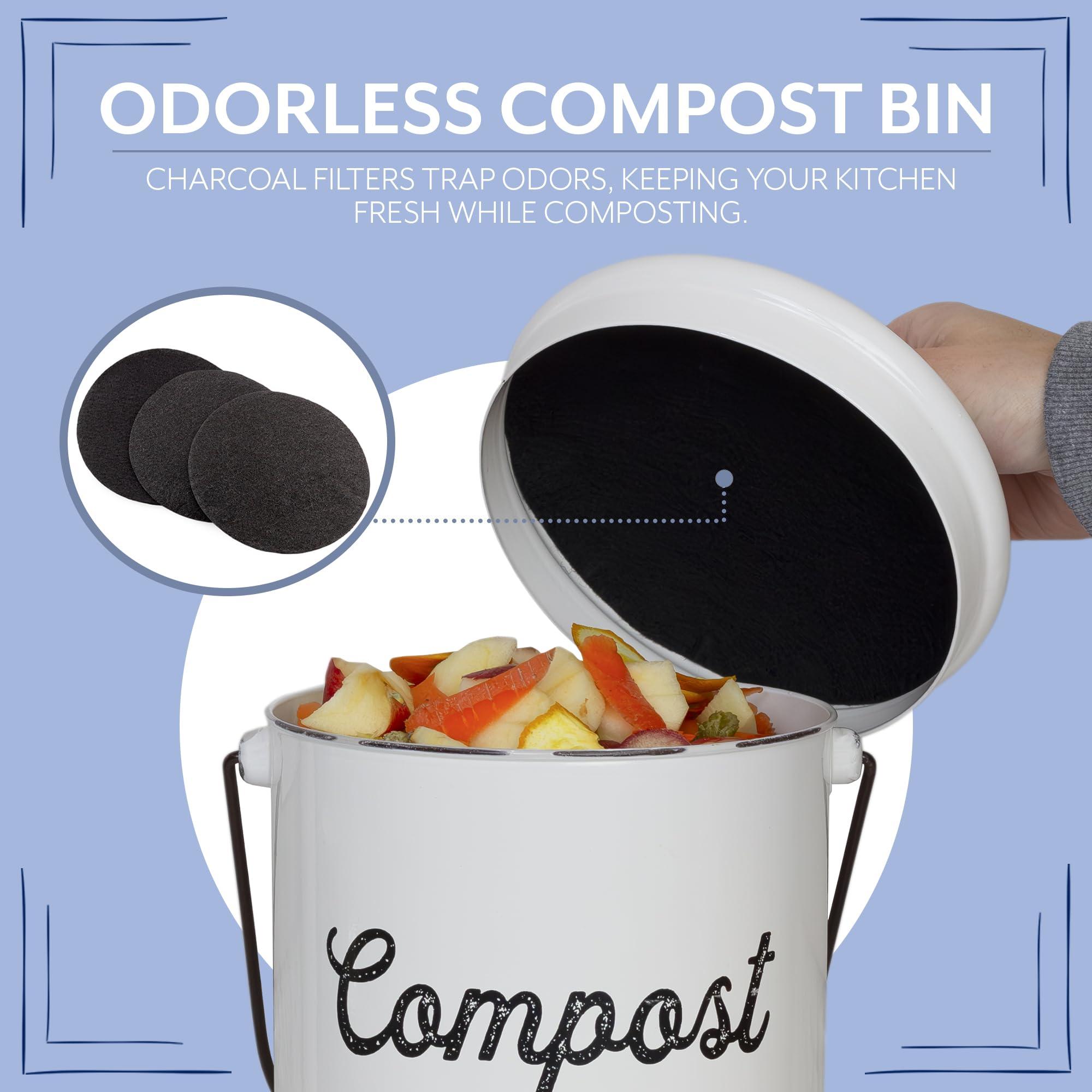 AuldHome Design Kitchen Compost Bin for Countertop | 1.3 Gallon Composting Bucket with Lid | Includes 3 Charcoal Filters | (White Enamel) - Image 6