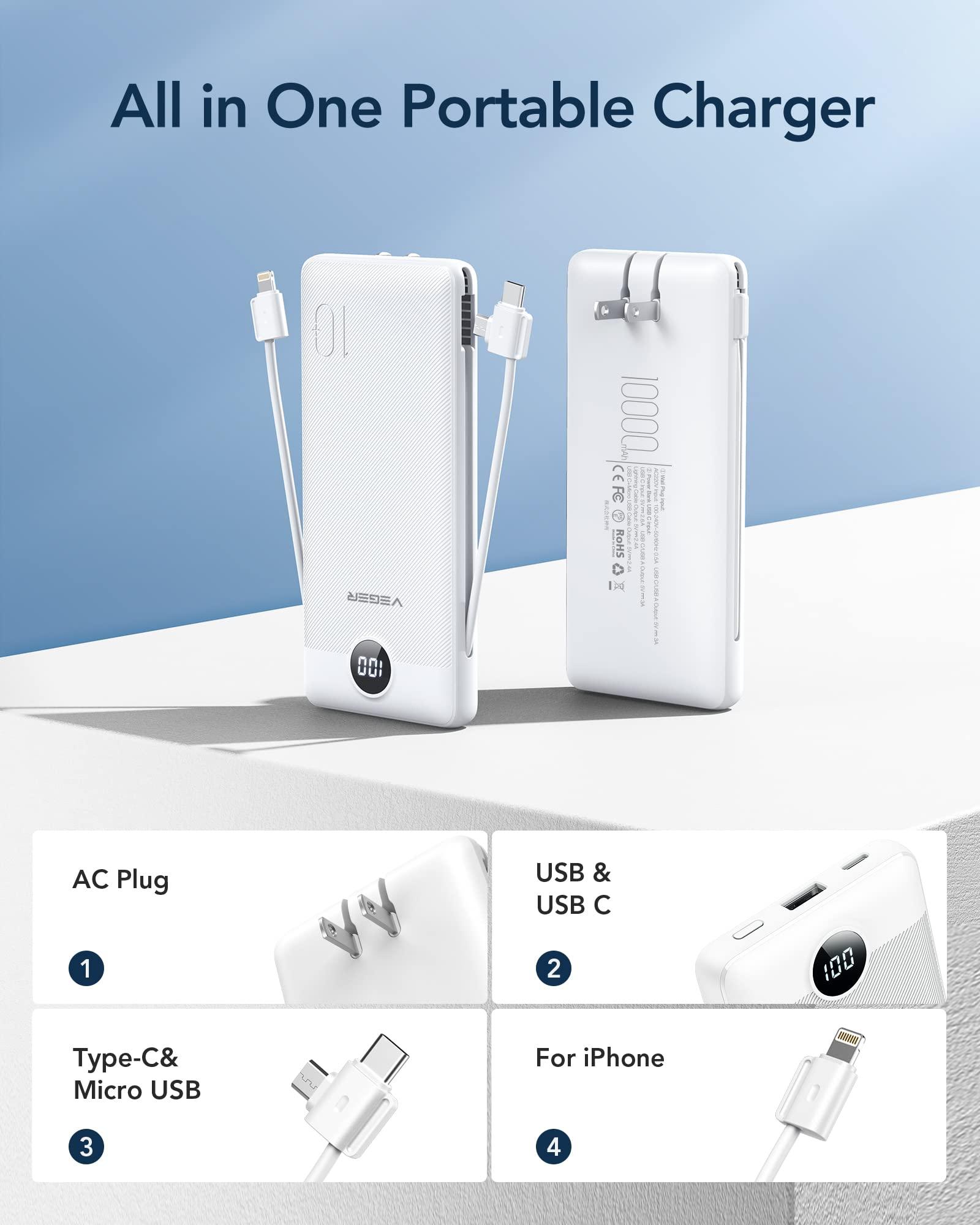 VEGER Portable Charger for iPhone Built in Cables and Wall Plug, 10000mah Slim Fast Charging USB C Power Bank, Travel Essential Battery Pack Compatible with iPhones, iPad, Samsung More Devices(White) - Image 2