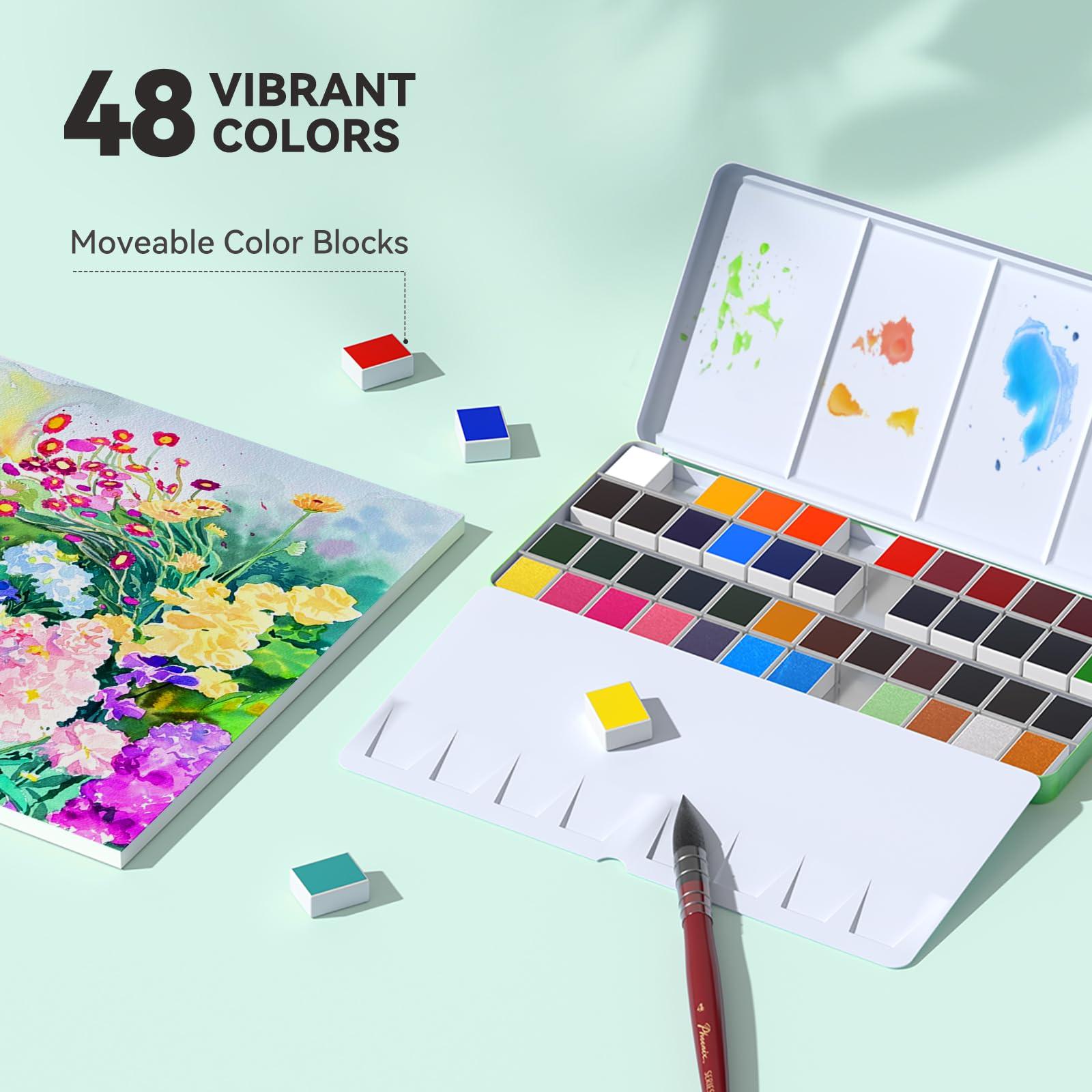 MeiLiang Travel Watercolor Paint Set, Watercolor Set Includes 48 Colors Solid Watercolors + 7.5x7.5 inch 50% Cotton Watercolor Paper(20 Sheets) + 1 Watercolor Brush + Green Handheld Organizer - Image 3