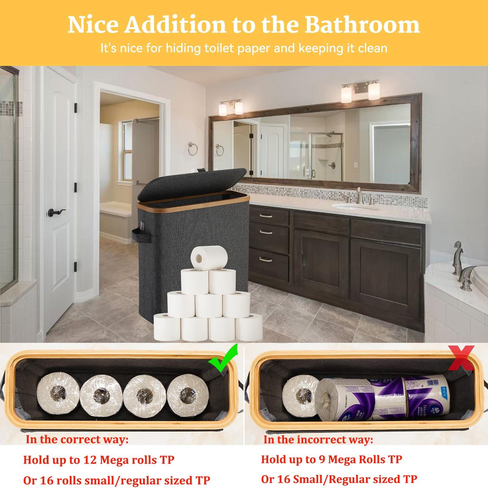 Toilet Paper Storage Basket with Lid for Mega Rolls, Large Bamboo Toilet Paper Organizer Storage Holder Stand for Bathroom, Enclosed Tissue Storage Bin Box Container Free Standing, Gray - Image 4