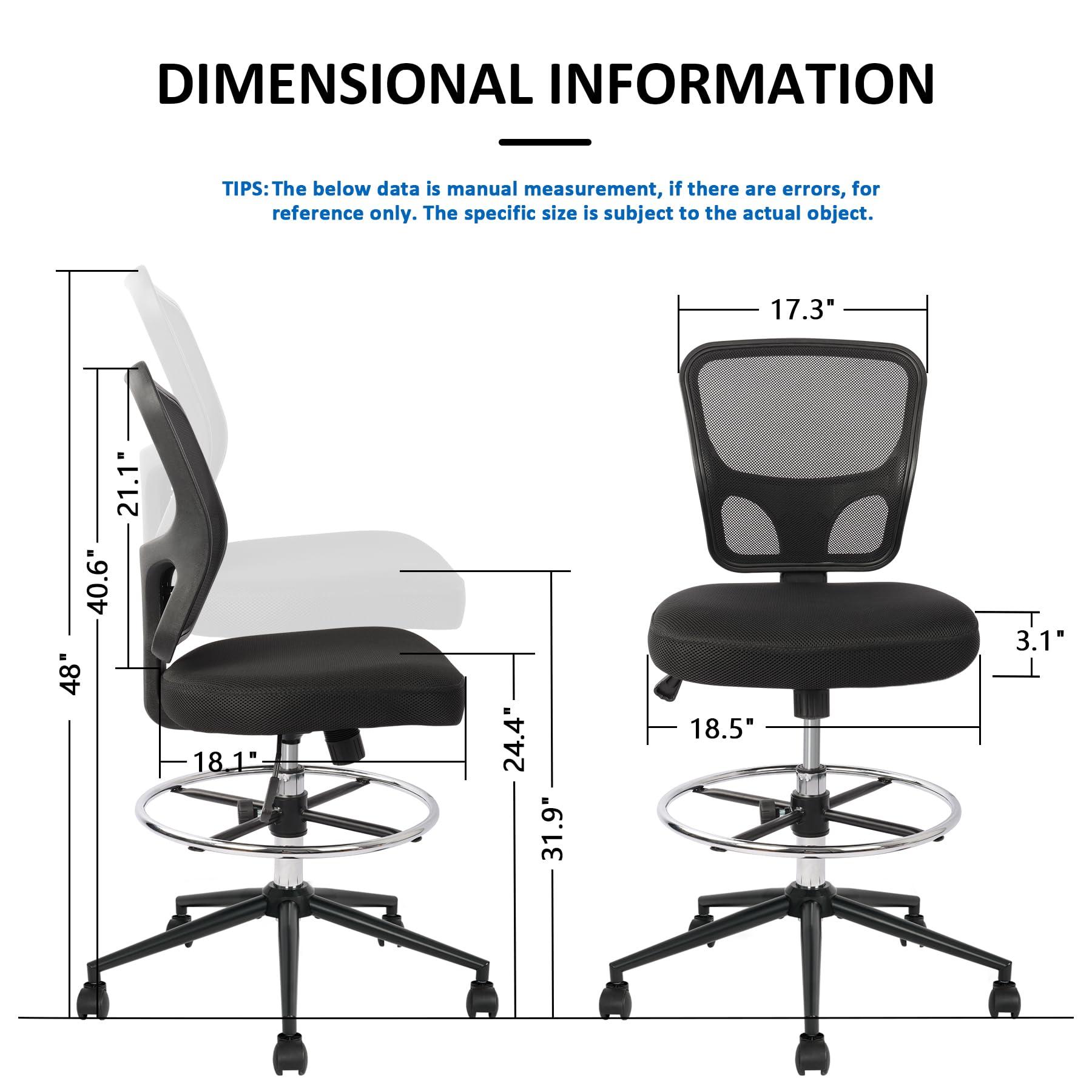 Armless Drafting Chair Tall Office Chair Adjustable Height High Back Ergonomic Desk Chair Drafting Stool Rolling Bar Stools Chairs with Footrest and Wheels - Image 3