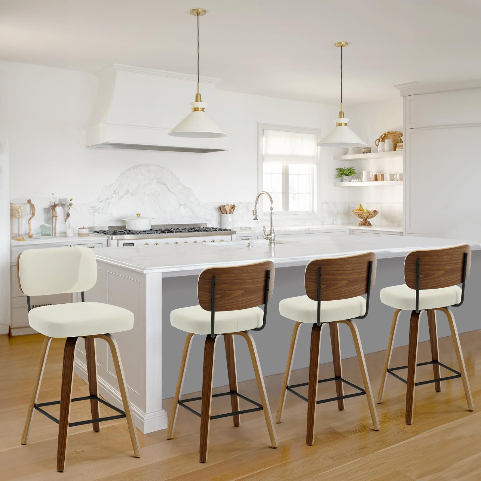 Bekrvio Swivel Counter Height Bar Stools Set of 4, 26" Upholstered Faux Leather Barstools with Back and Bent Wood Legs, Mid Century Modern Bar Chair Island Stool for Kitchen Counter, Cream White - Image 7
