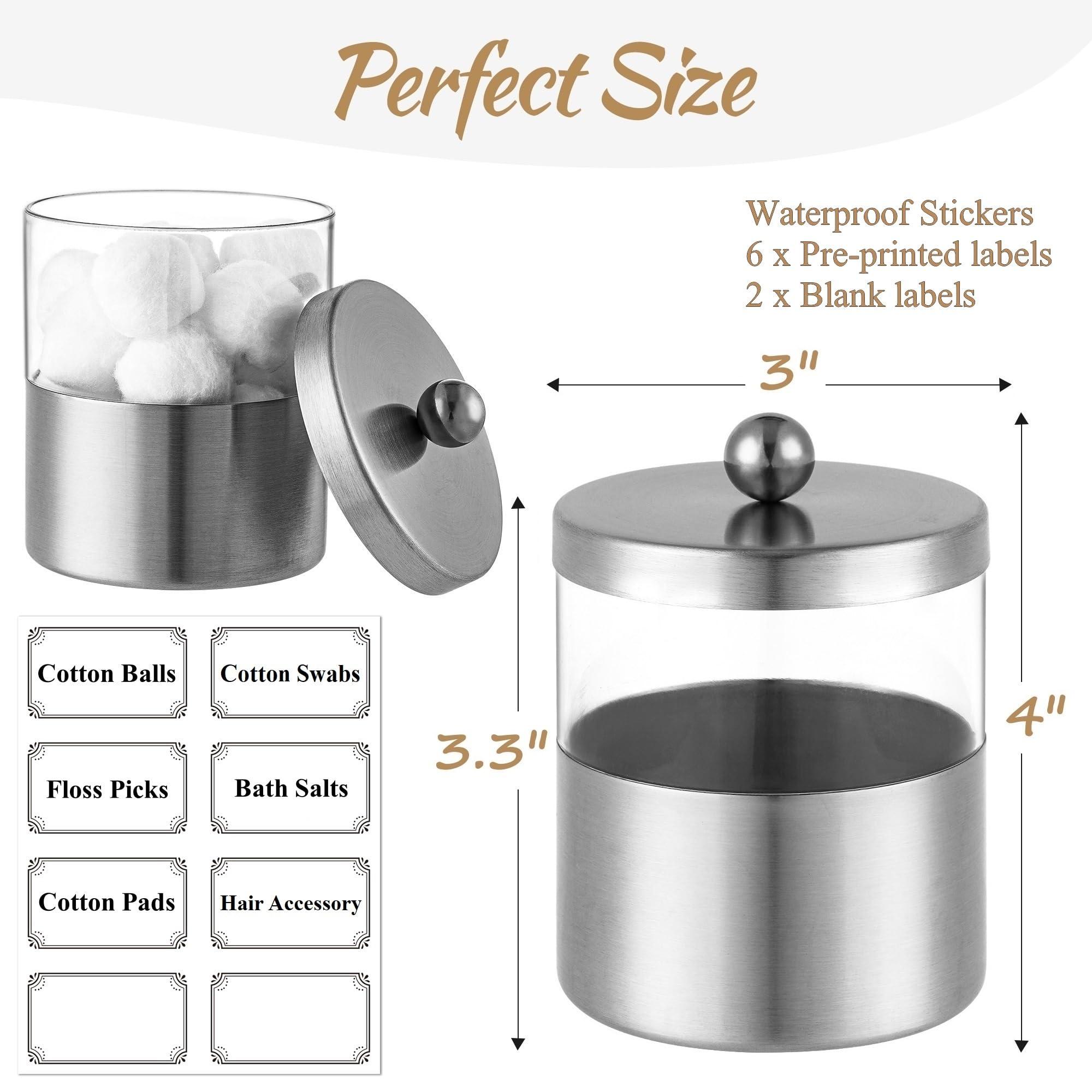 Gaussra Apothecary Jars, Qtip Holder - Stainless Steel Bathroom Jar with Stickers - Farmhouse Decor Qtip Dispenser for Qtips, Cotton Balls, Swabs, Makeup Sponges (2 Pack, Brushed Nickel) - Image 3