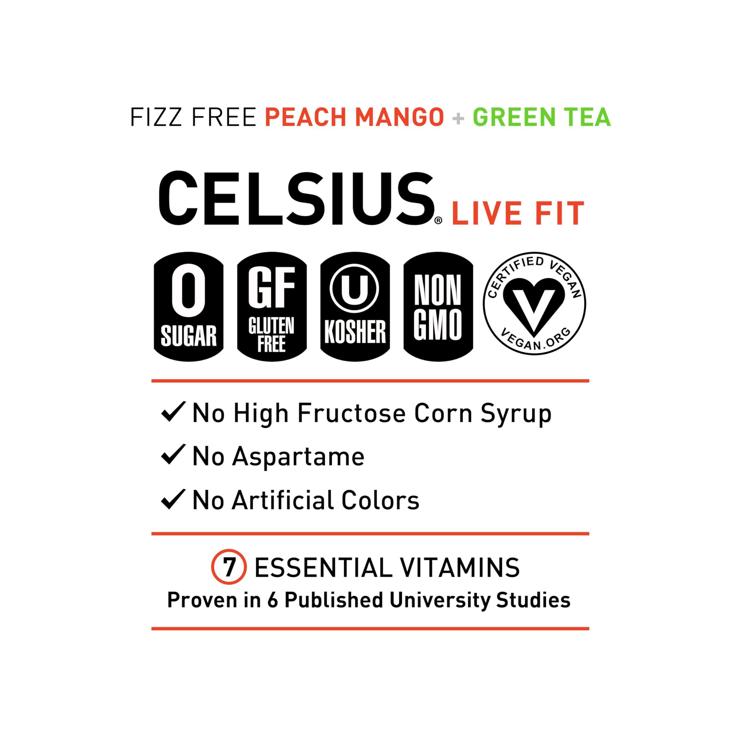 CELSIUS Peach Mango Green Tea, Functional Essential Energy Drink 12 Fl Oz (Pack of 12) - Image 4