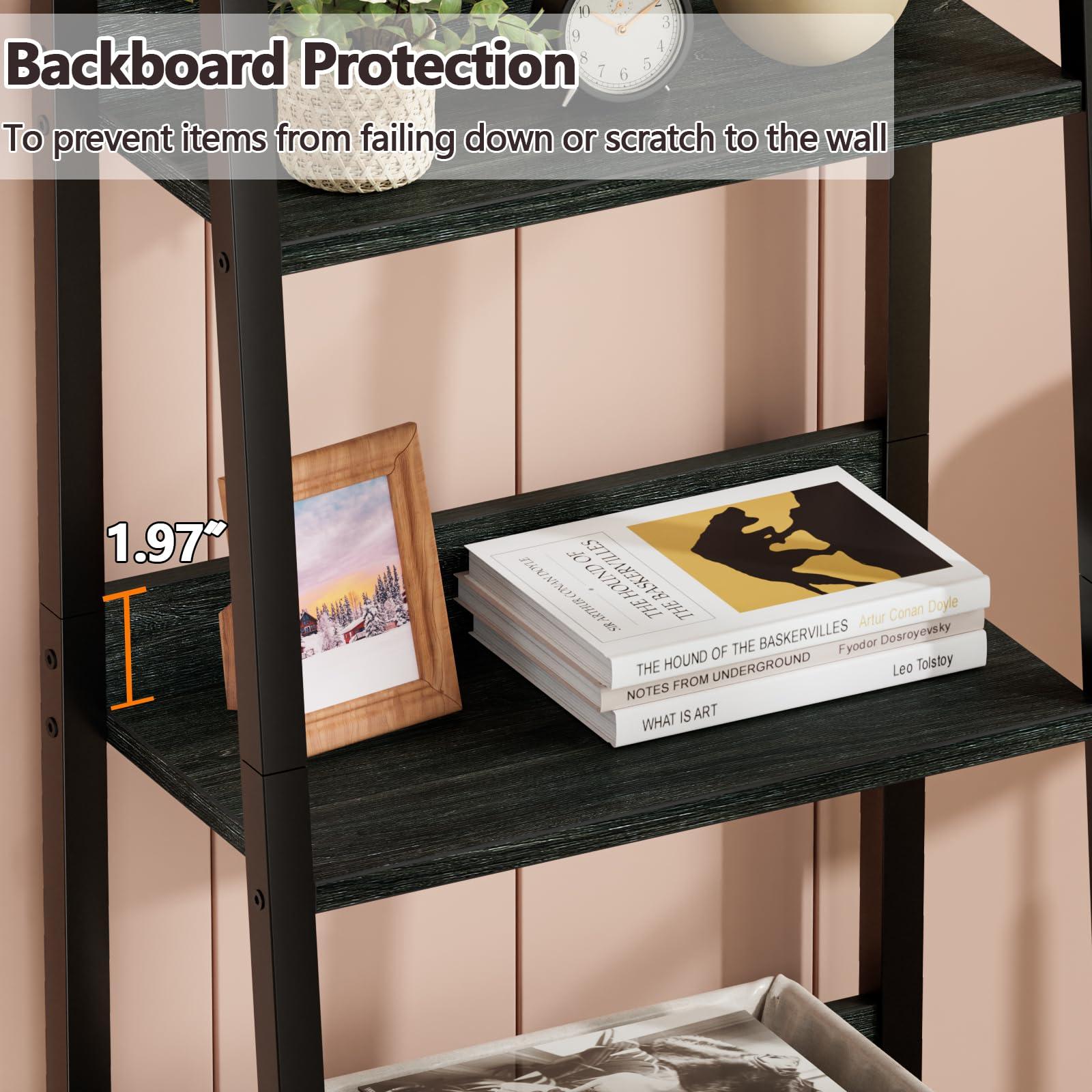 Furologee 5-Tier Ladder Shelf, Narrow Ladder Bookshelf with Drawer, 55.6”Tall Industrial Bookcase Storage Rack Organizer, Freestanding Storage Shelve for Living Room, Home Office, Bedroom, Black Oak - Image 4