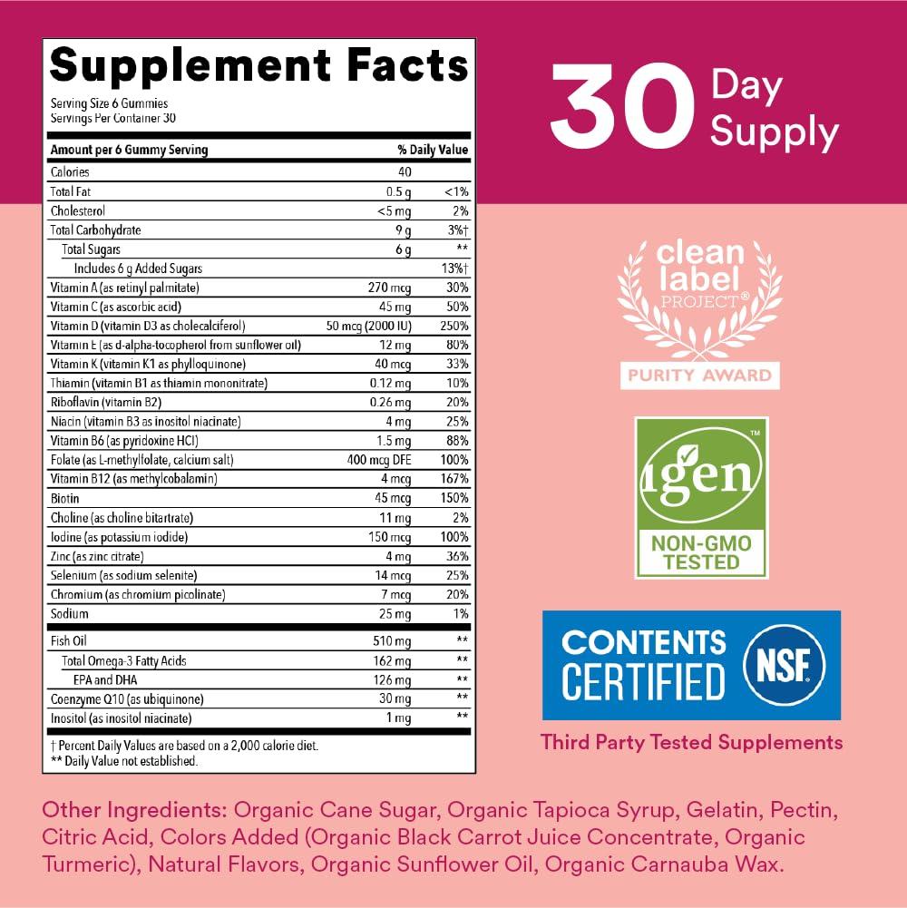 SmartyPants Women's Multivitamin Gummies: Omega 3 Fish Oil (EPA/DHA), Methylfolate, CoQ10, Vitamin D3, C, Vitamin B12, B6, A, K & Zinc, Inositol, Gluten Free, 180 Count (30 Day Supply) - Image 3