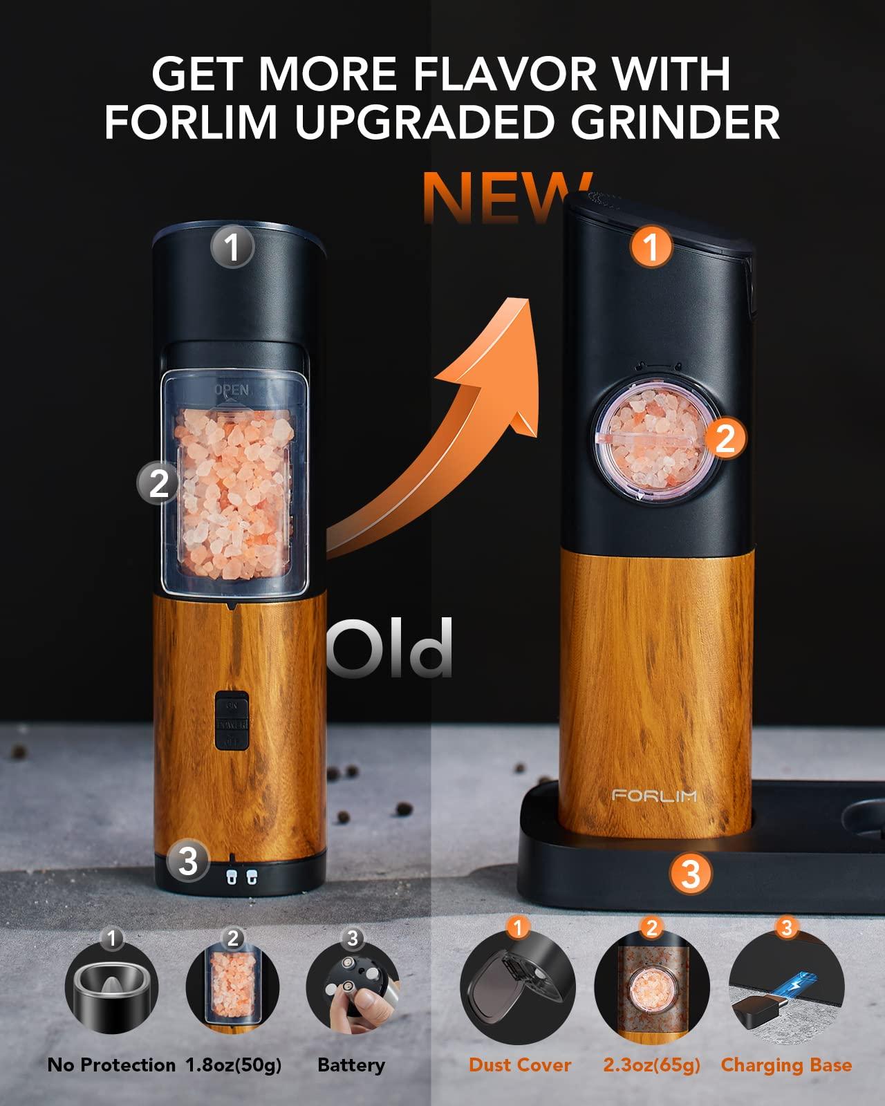 FORLIM Gravity Electric Salt and Pepper Grinder Set, Upgraded Large Capacity, USB Rechargeable Pepper grinder Automatic One Hand Operated, Adjustable Coarseness with LED Light（Natural Wood Grain） - Image 6