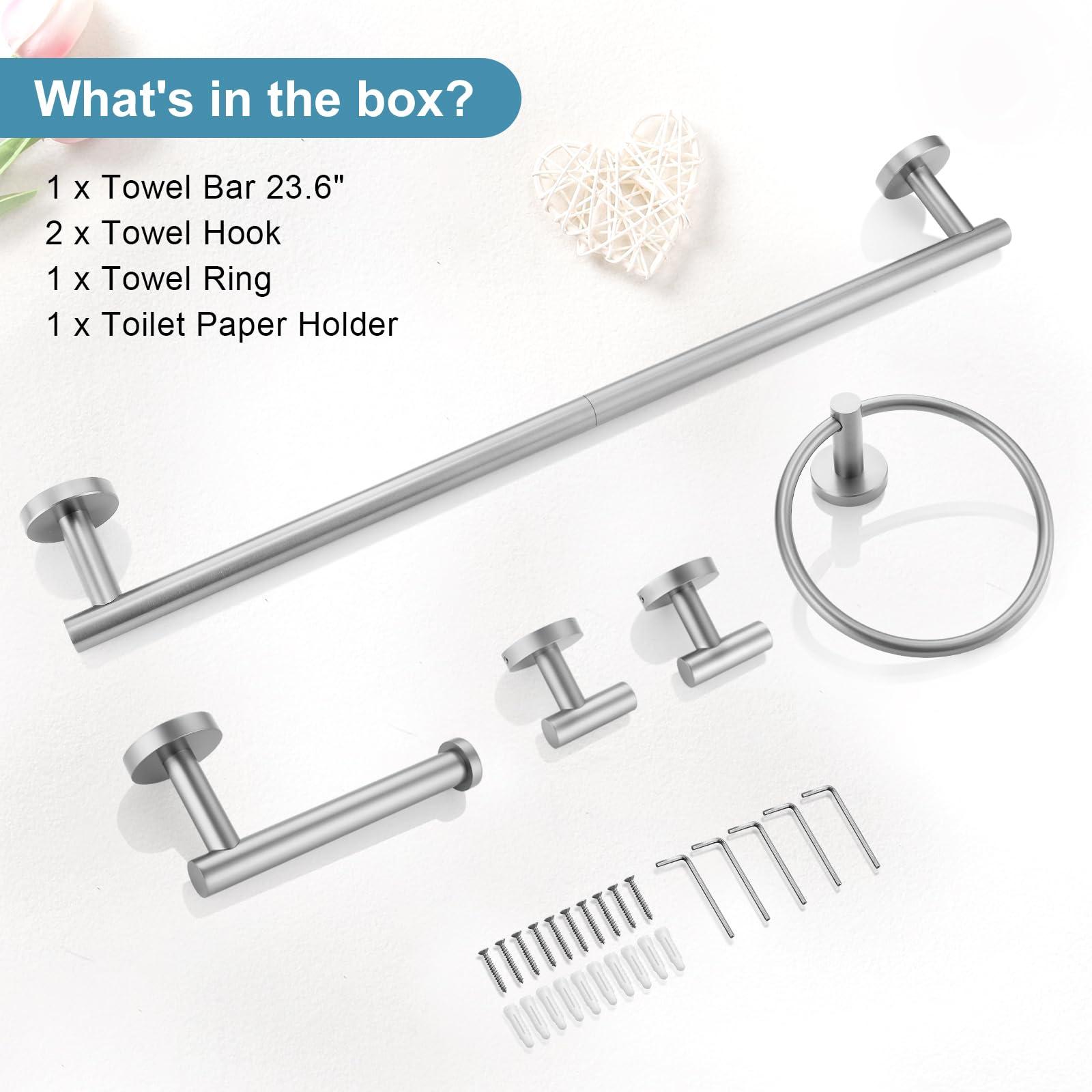 TQKAG Bathroom Towel Bar Holder Sets Brushed Nickel 23.6 Inch Round Stainless Steel Towel Bar Set 5 Piece Bathroom Accessory Set Wall Mounted - Image 8
