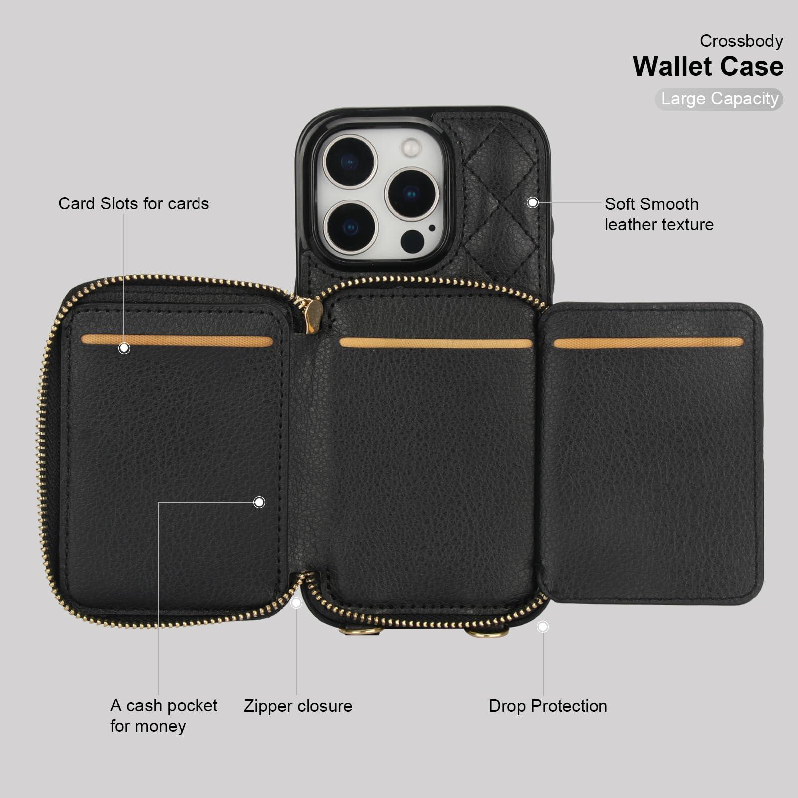 Bocasal Crossbody Wallet Case for iPhone 16 Pro, RFID Blocking PU Leather Zipper Handbag Purse Flip Cover, Kickstand Folio Case with Card Slots Holder Wrist Strap Lanyard 5G 6.3 Inch (Black) - Image 7