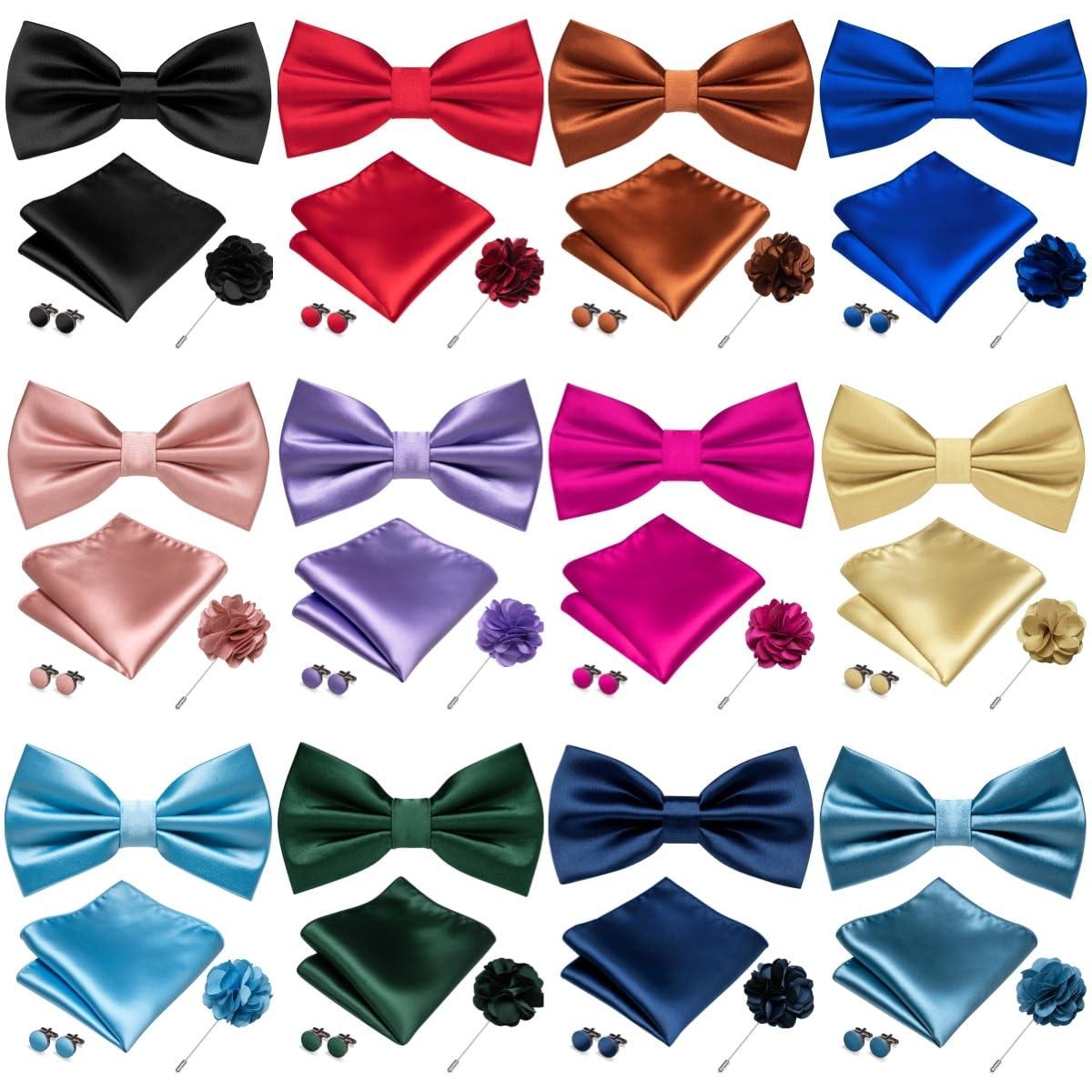 RBOCOTT Solid Color Bow Tie and Pocket Square with Lapel Pin Cufflinks Set 4PCS - Image 4