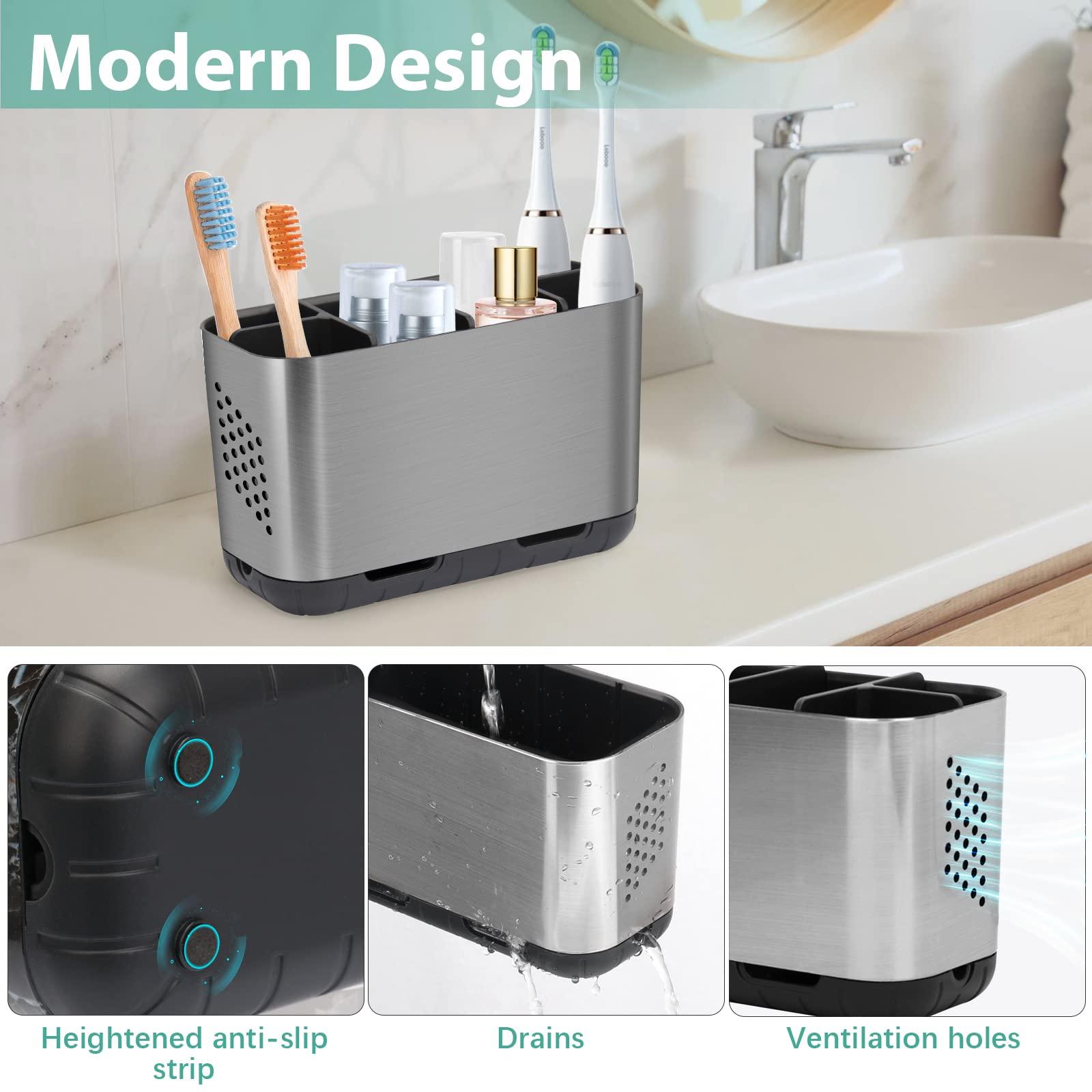 Boperzi Toothbrush and Toothpaste Holder Brushed Nickel Drainage for Bathroom Vanity, Large Electric Toothbrush Storage Caddy Anti-Slip Rustic with Adjustable Dividers for Family, Kids - Image 3