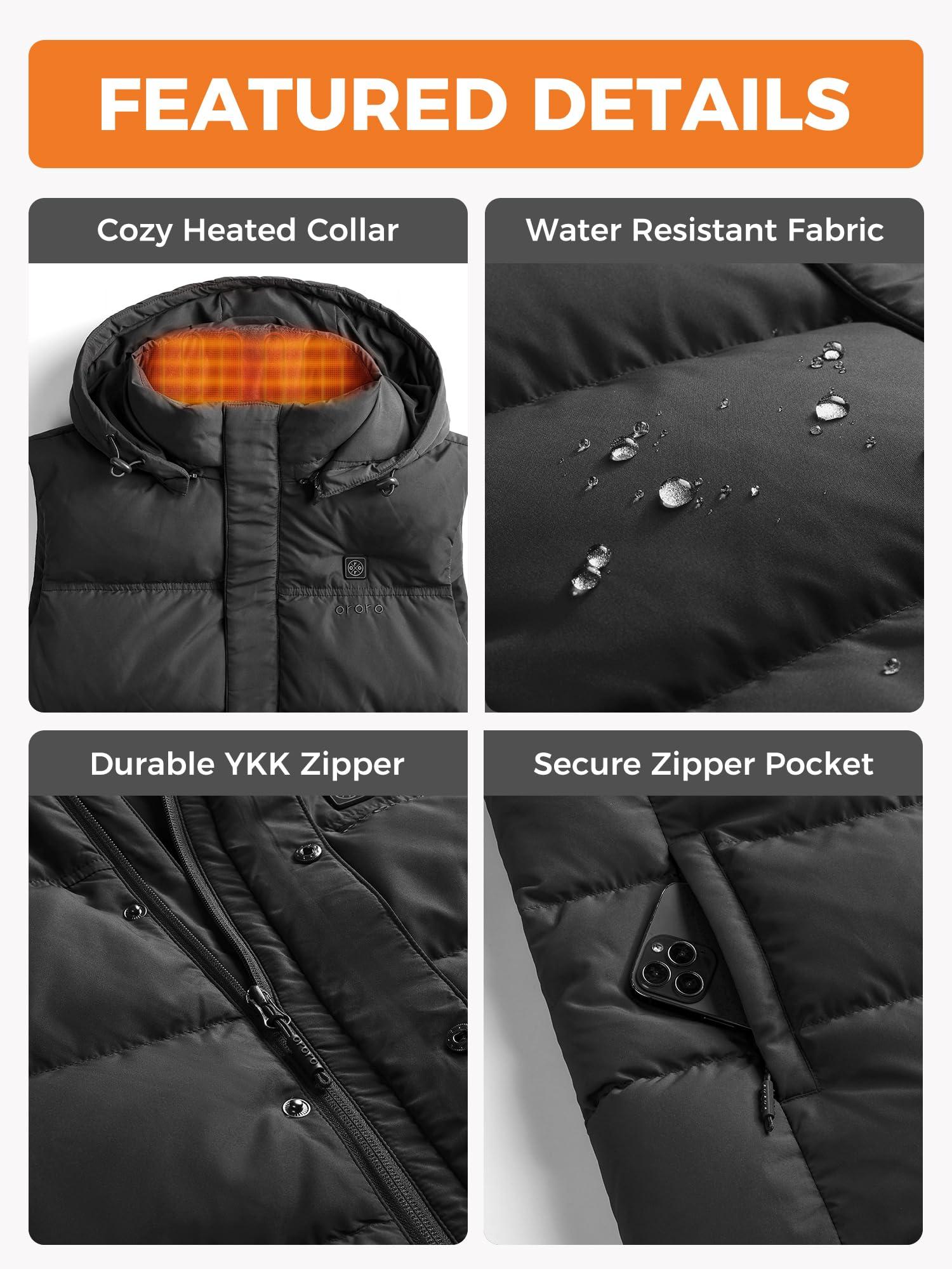 ORORO Men's Heated Down Vest with Detachable Hood, 4 Heat Zones, Blue, One Size - Image 6