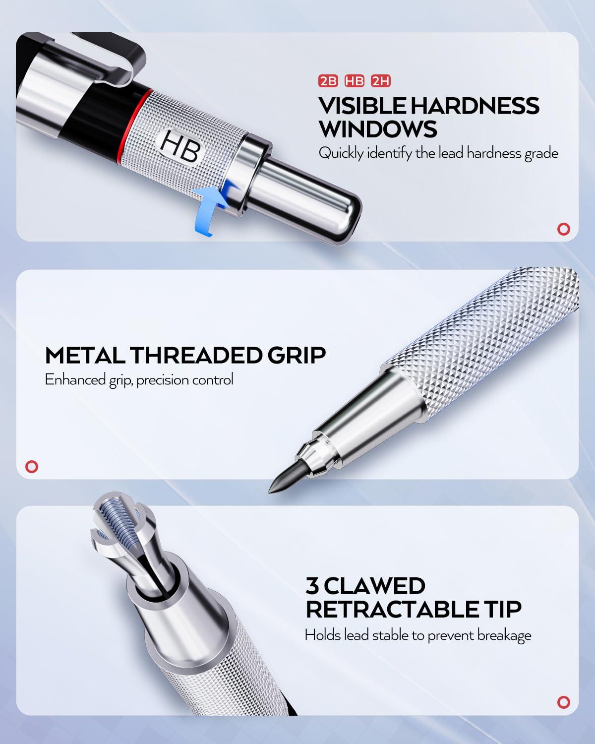 Nicpro 6PCS Art Mechanical Pencil Set, 3PCS Metal Drafting Pencil 0.5 mm & 0.7 mm & 0.9 mm & 3PCS 2mm Graphite Lead Holder (2B HB 2H) For Writing, Sketching Drawing With Lead Refills Case - Image 2