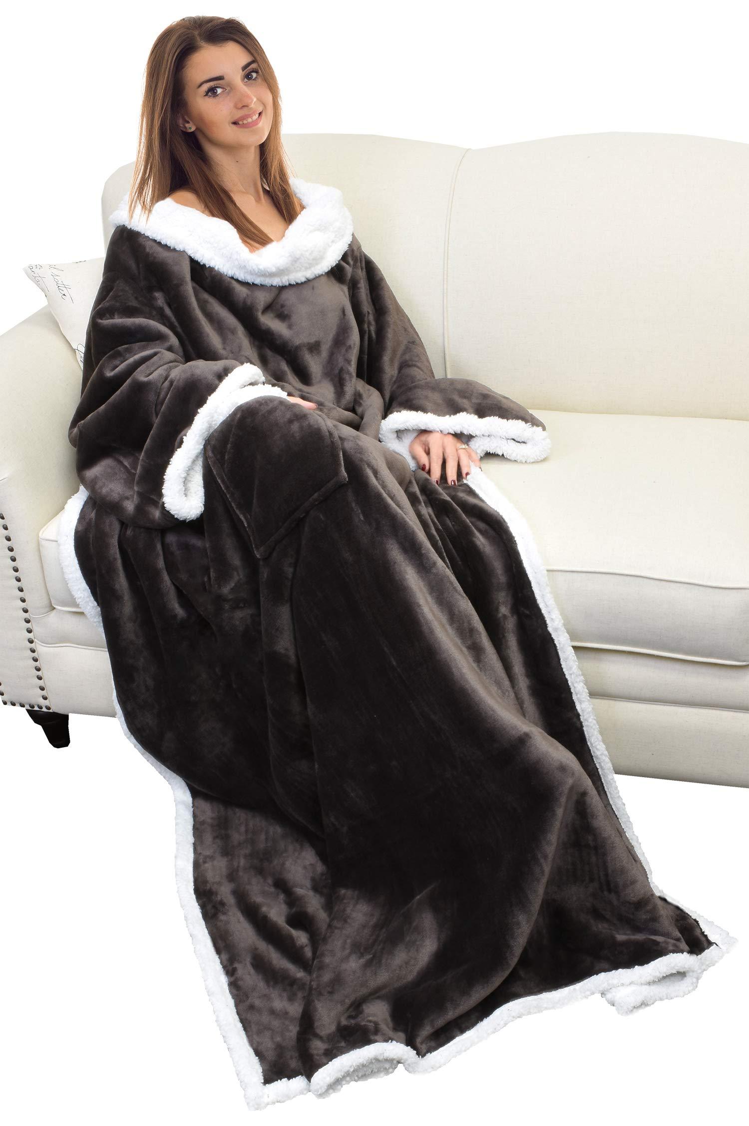 Catalonia Sherpa Wearable Blanket with Sleeves Arms, Comfy Sleeved TV Wrap Blanket, Large Snuggly Throw for Women and Men, Gift for Her