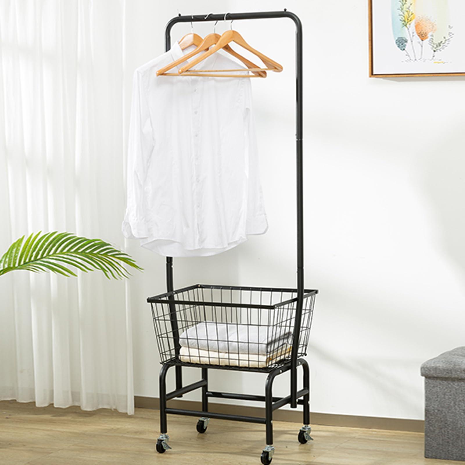 ALIMORDEN Laundry Cart with Clothes Rack, Rolling Laundry Butler with Wire Storage Rack，Black - Image 2