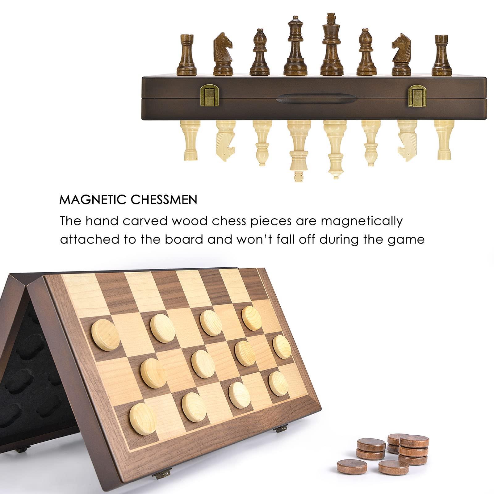 AMEROUS Magnetic Wooden Chess and Checkers Game Set, 15 Inches (2 in 1) Chess Board Games, 2 Extra Queens - Gift Package - Game Pieces Storage Slots, Beginner Chess Set for Kids, Adults - Image 5