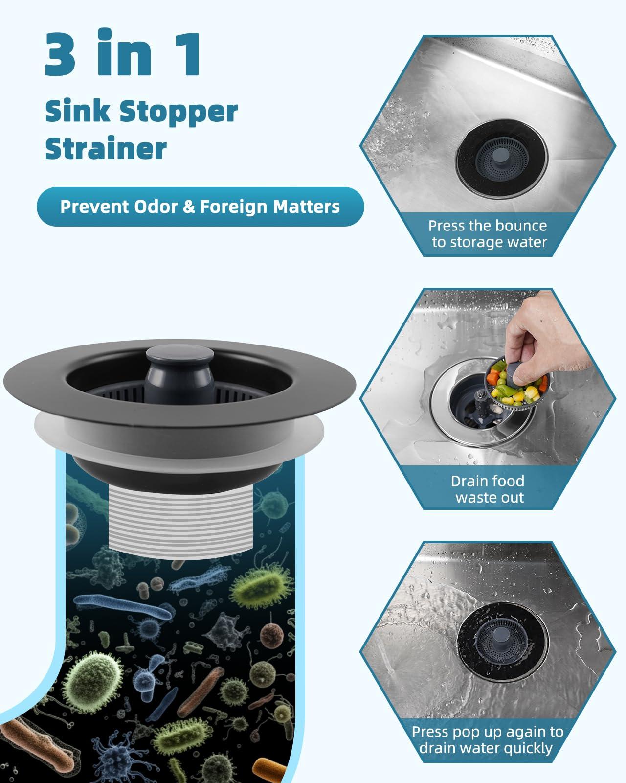 Hygie Rinse 3 in 1 Kitchen Sink Drain Strainer Stopper Combo, Matteblack Stainless Steel Shell Pop Up Sink Stopper for US Standard 3-1/2 inch Drain Filter, Anti-clog and Easy Clean - Image 5